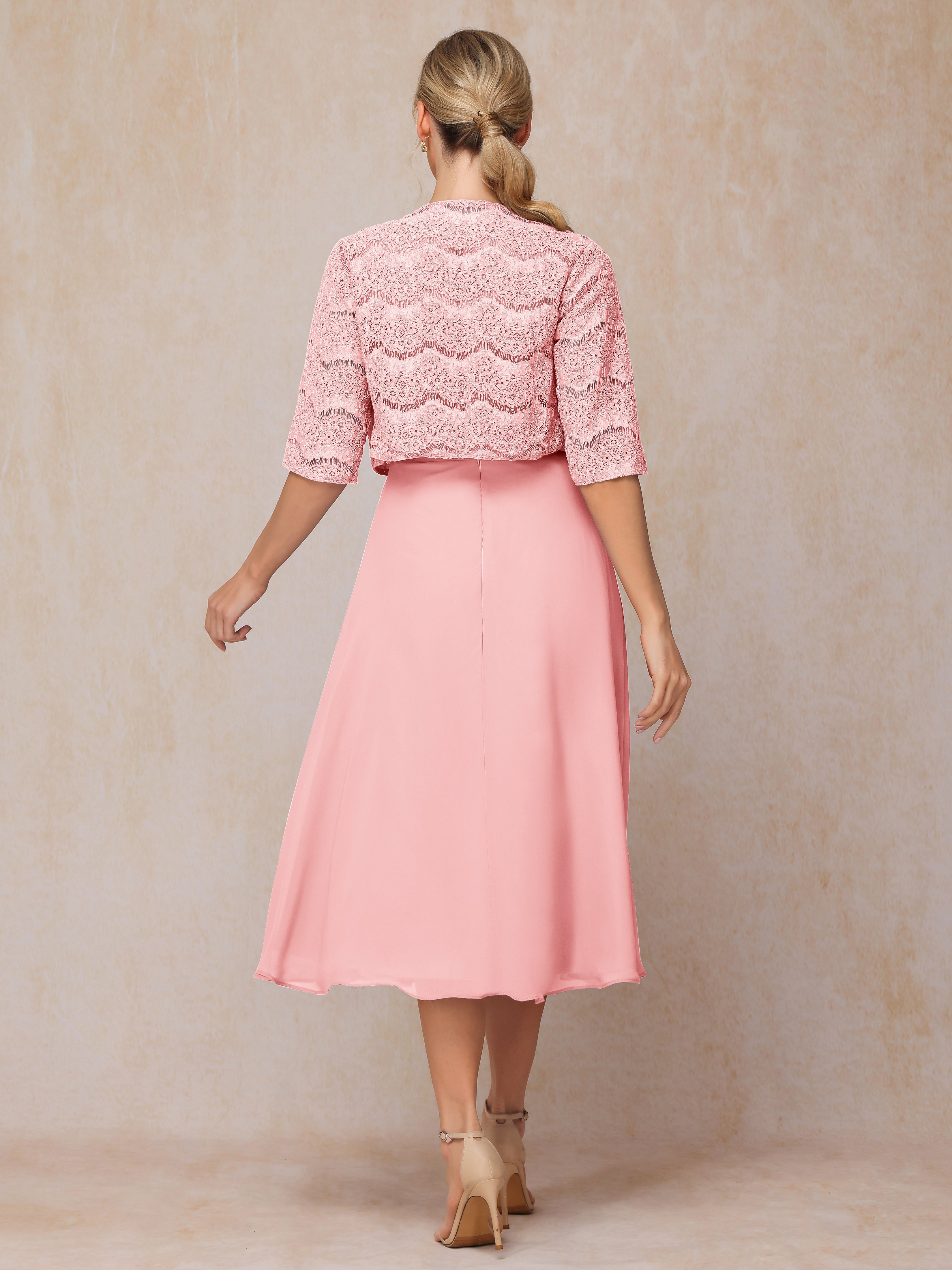 2 Pieces A Line Tea Length Chiffon Lace Mother Of The  Groom Dress