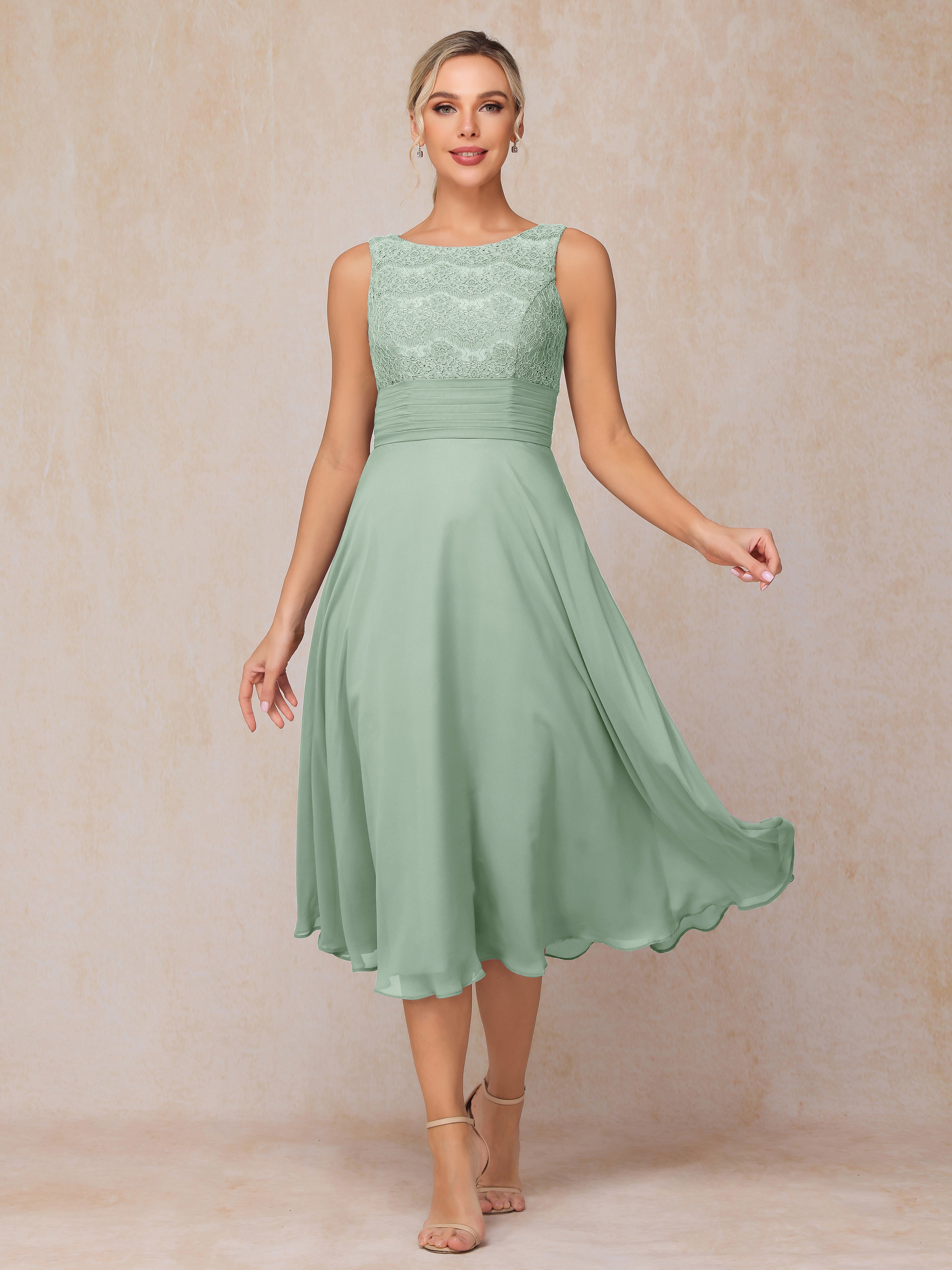 2 Pieces A Line Tea Length Chiffon Lace Mother Of The Bride Dress