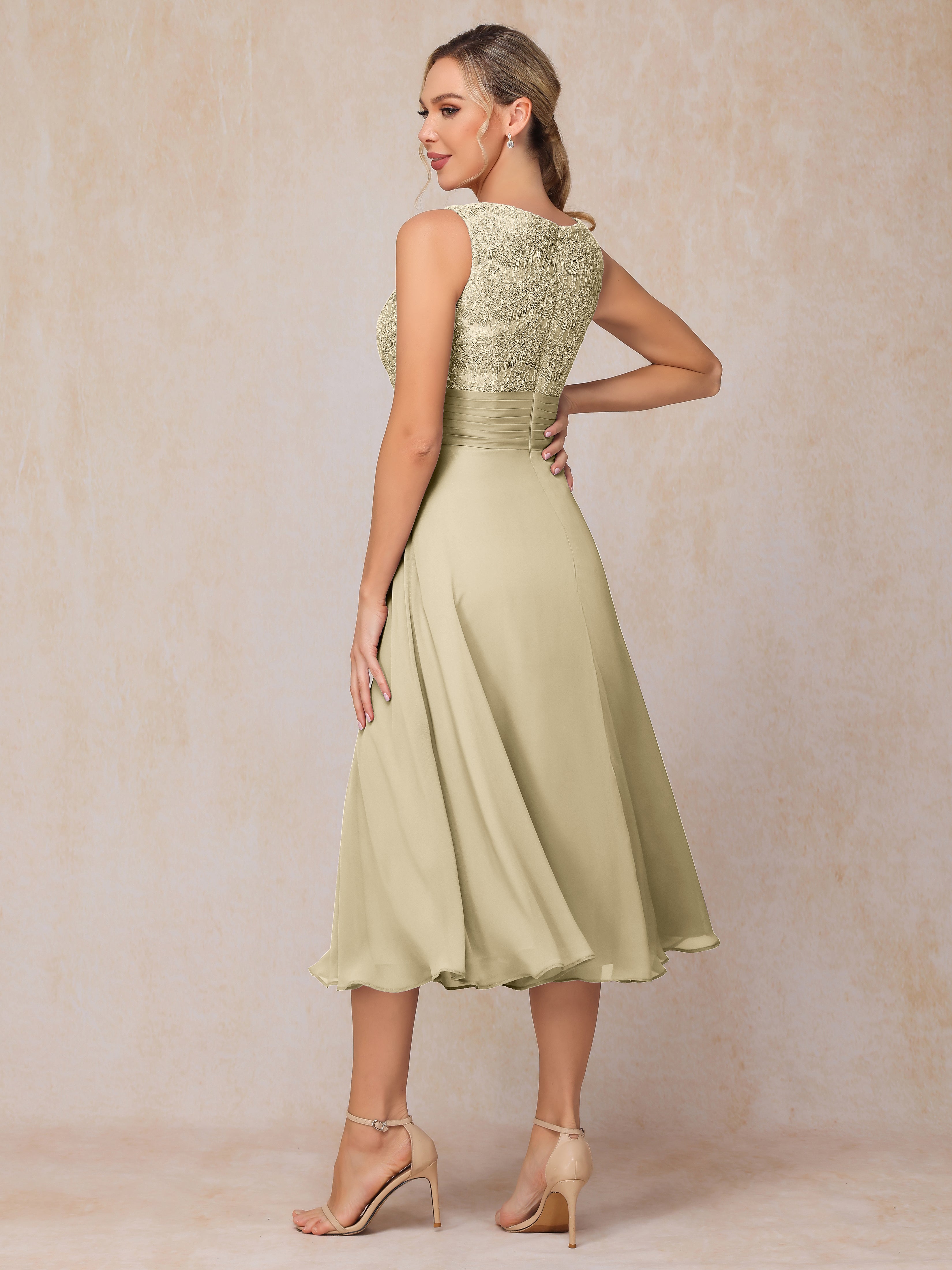 2 Pieces A Line Tea Length Chiffon Lace Mother Of The Bride Dress