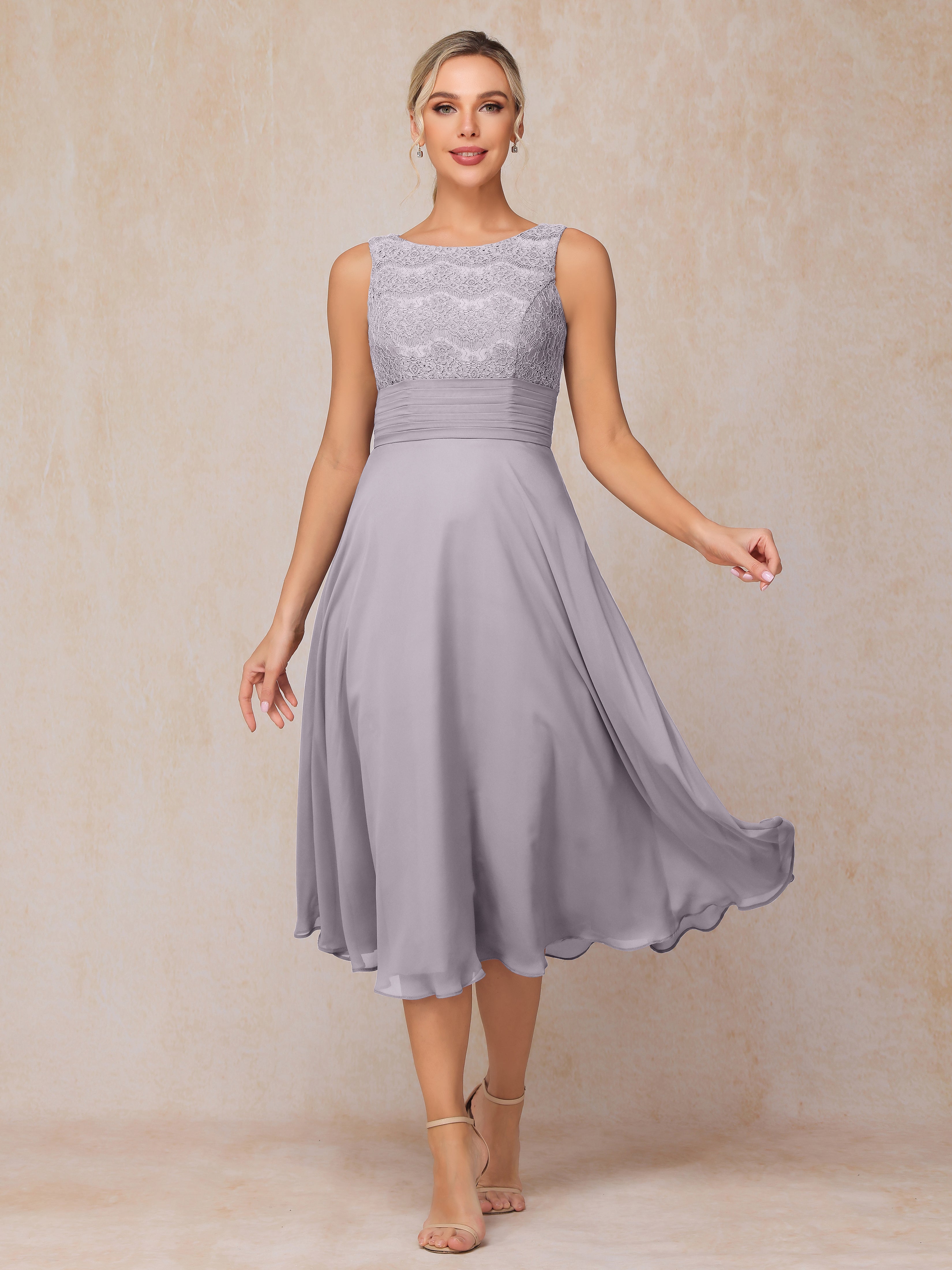2 Pieces A Line Tea Length Chiffon Lace Mother Of The Bride Dress