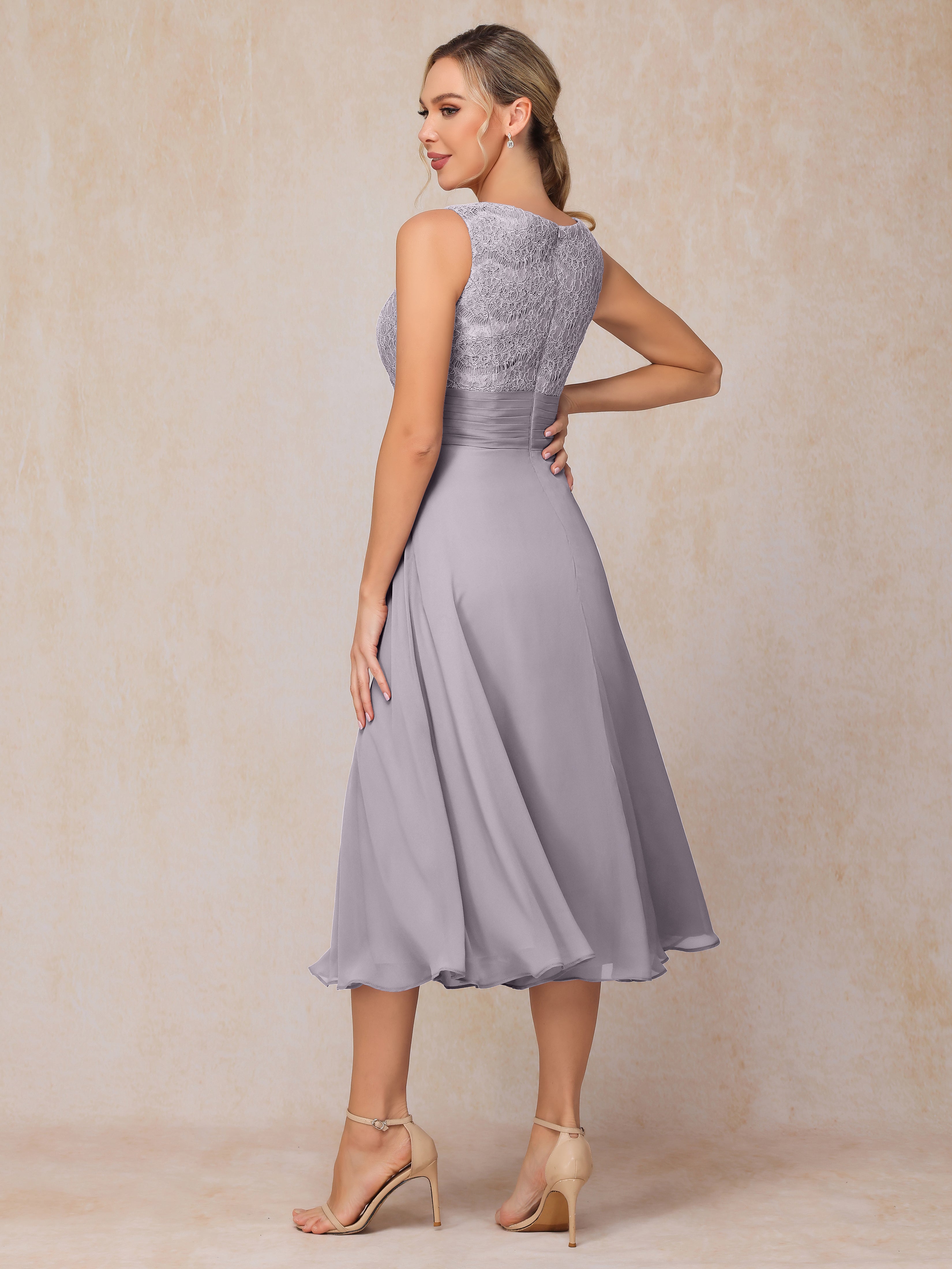 2 Pieces A Line Tea Length Chiffon Lace Mother Of The Bride Dress