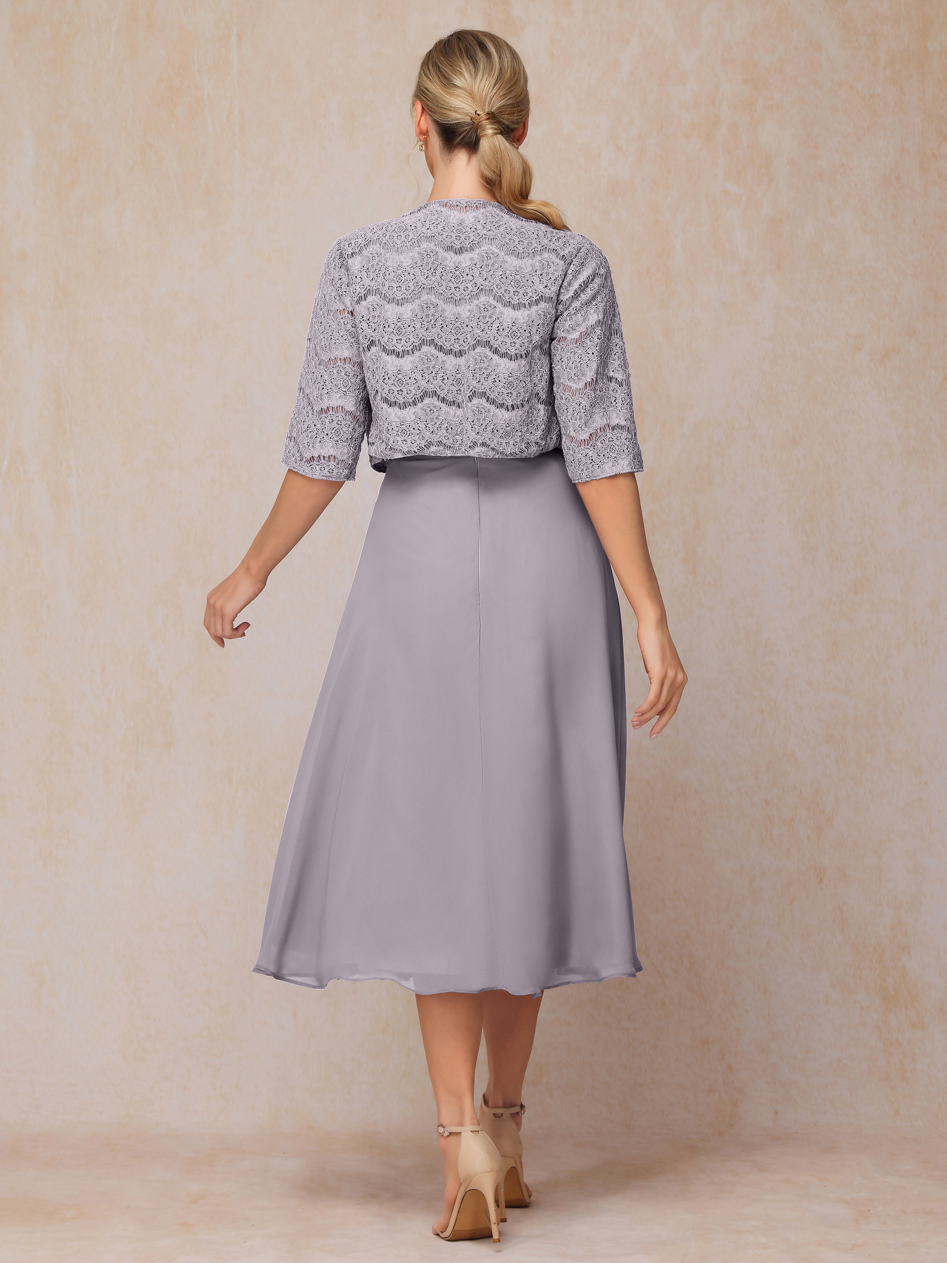 2 Pieces A Line Tea Length Chiffon Lace Mother Of The Bride Dress