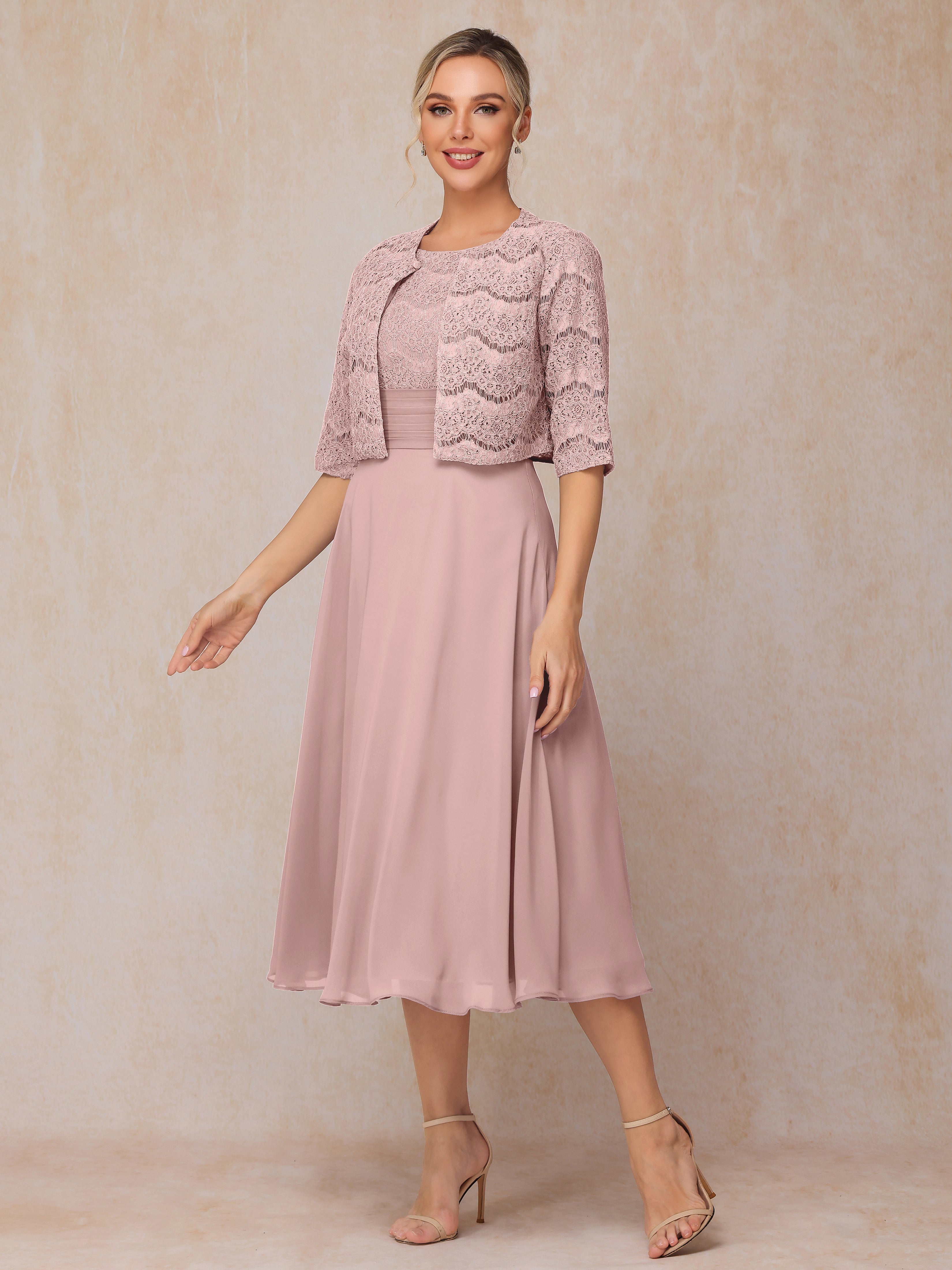 2 Pieces A Line Tea Length Chiffon Lace Mother Of The Groom Dress