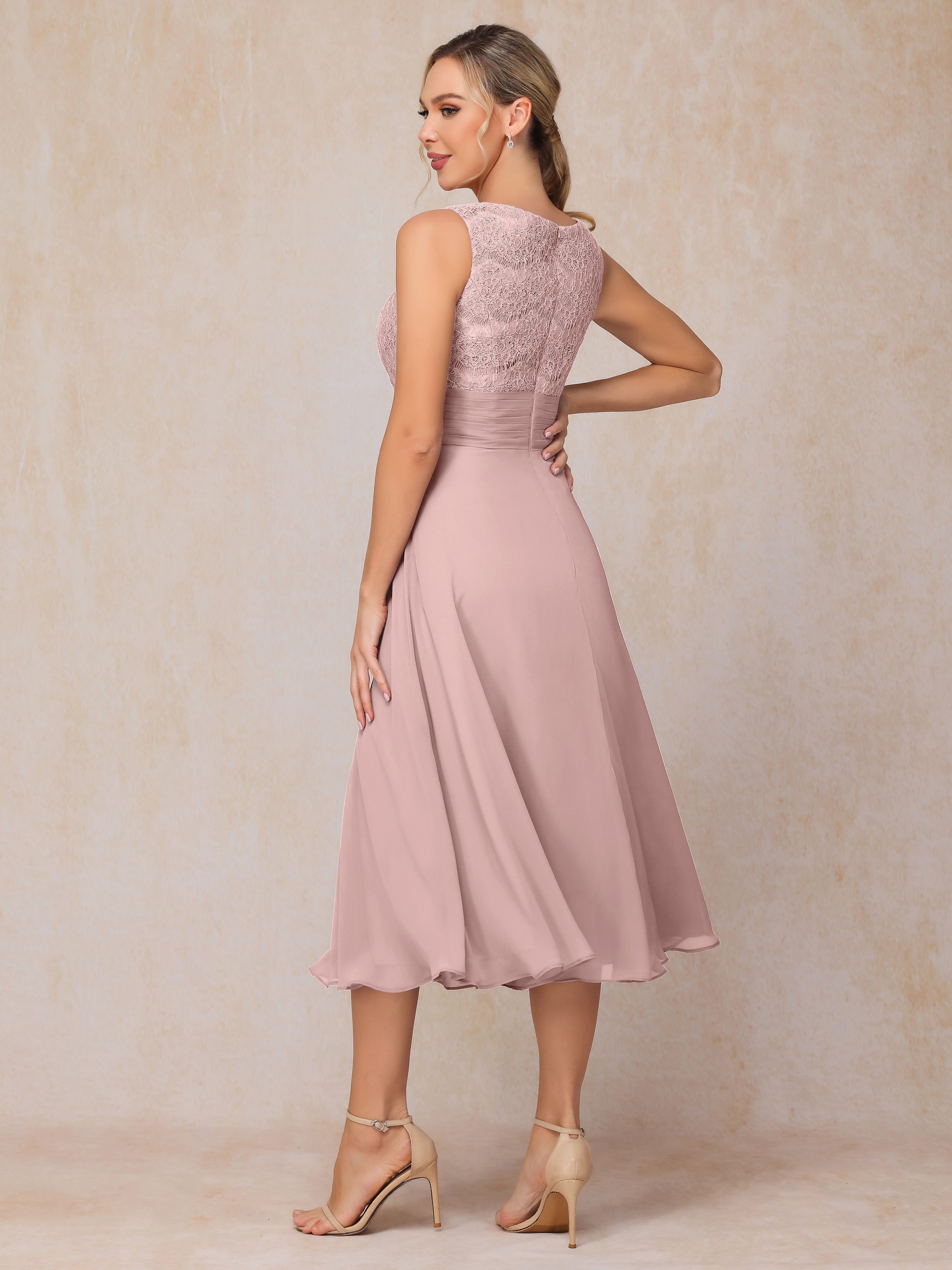 2 Pieces A Line Tea Length Chiffon Lace Mother Of The Bride Dress