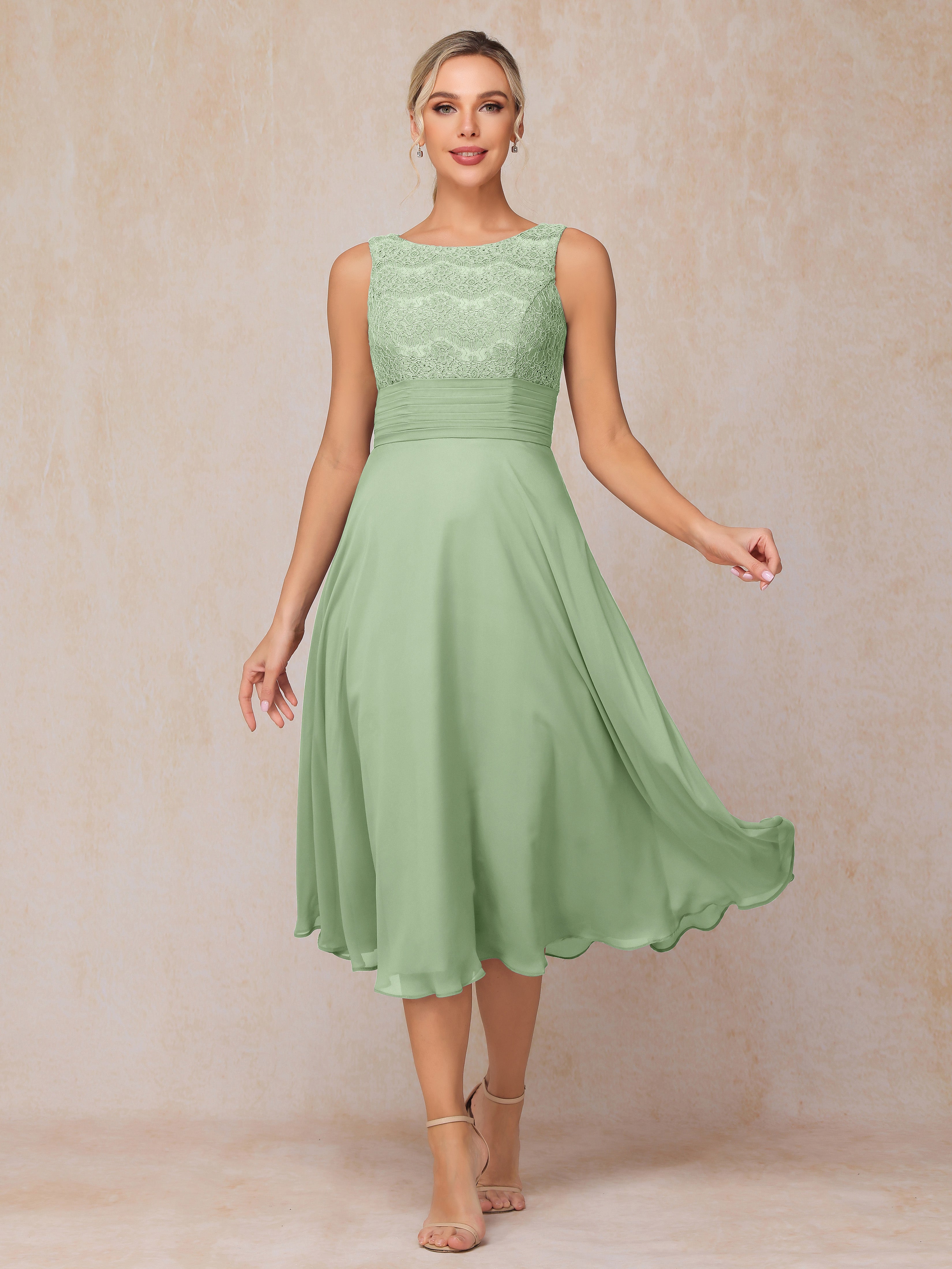 2 Pieces A Line Tea Length Chiffon Lace Mother Of The Bride Dress