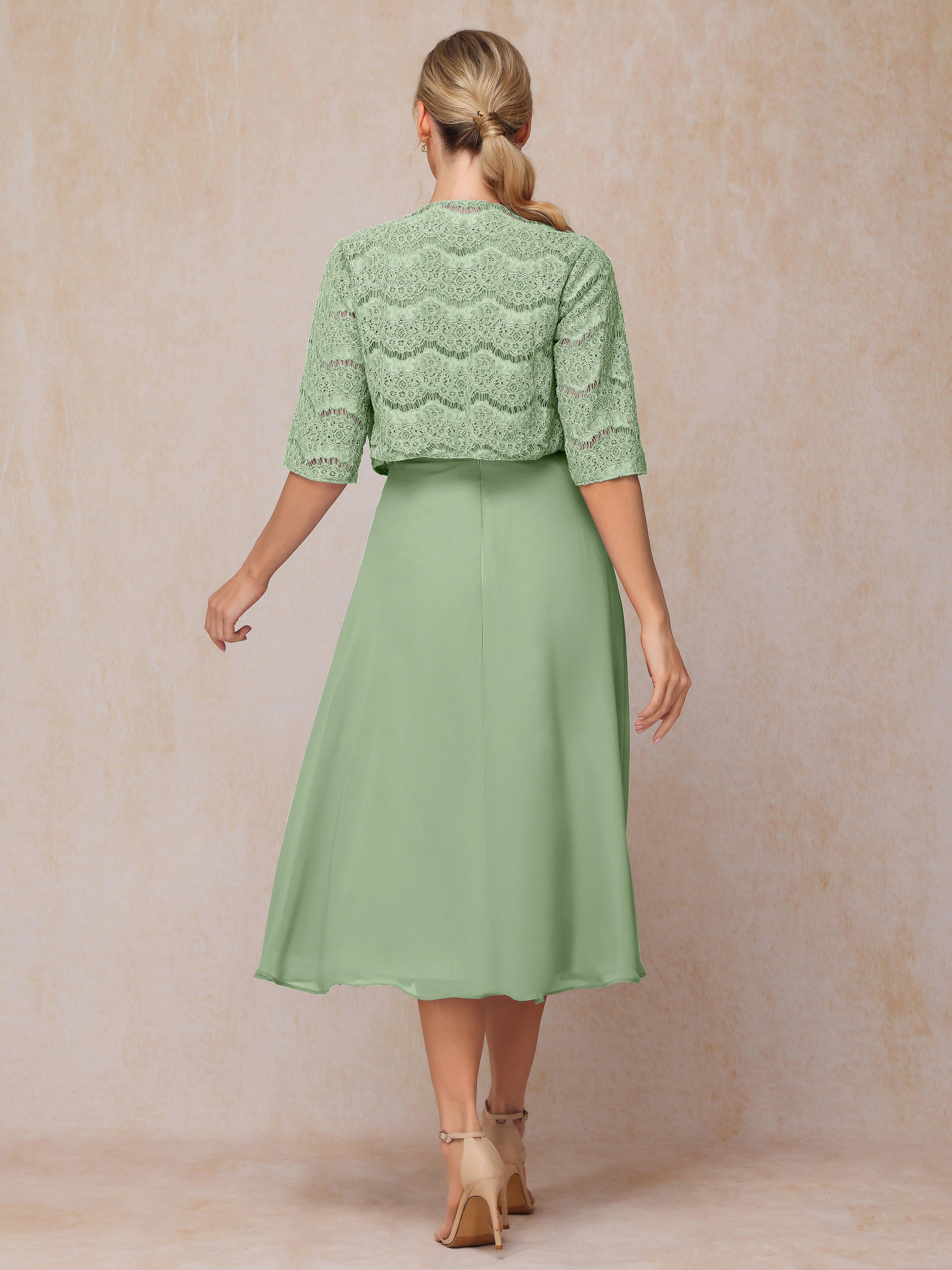 2 Pieces A Line Tea Length Chiffon Lace Mother Of The Bride Dress