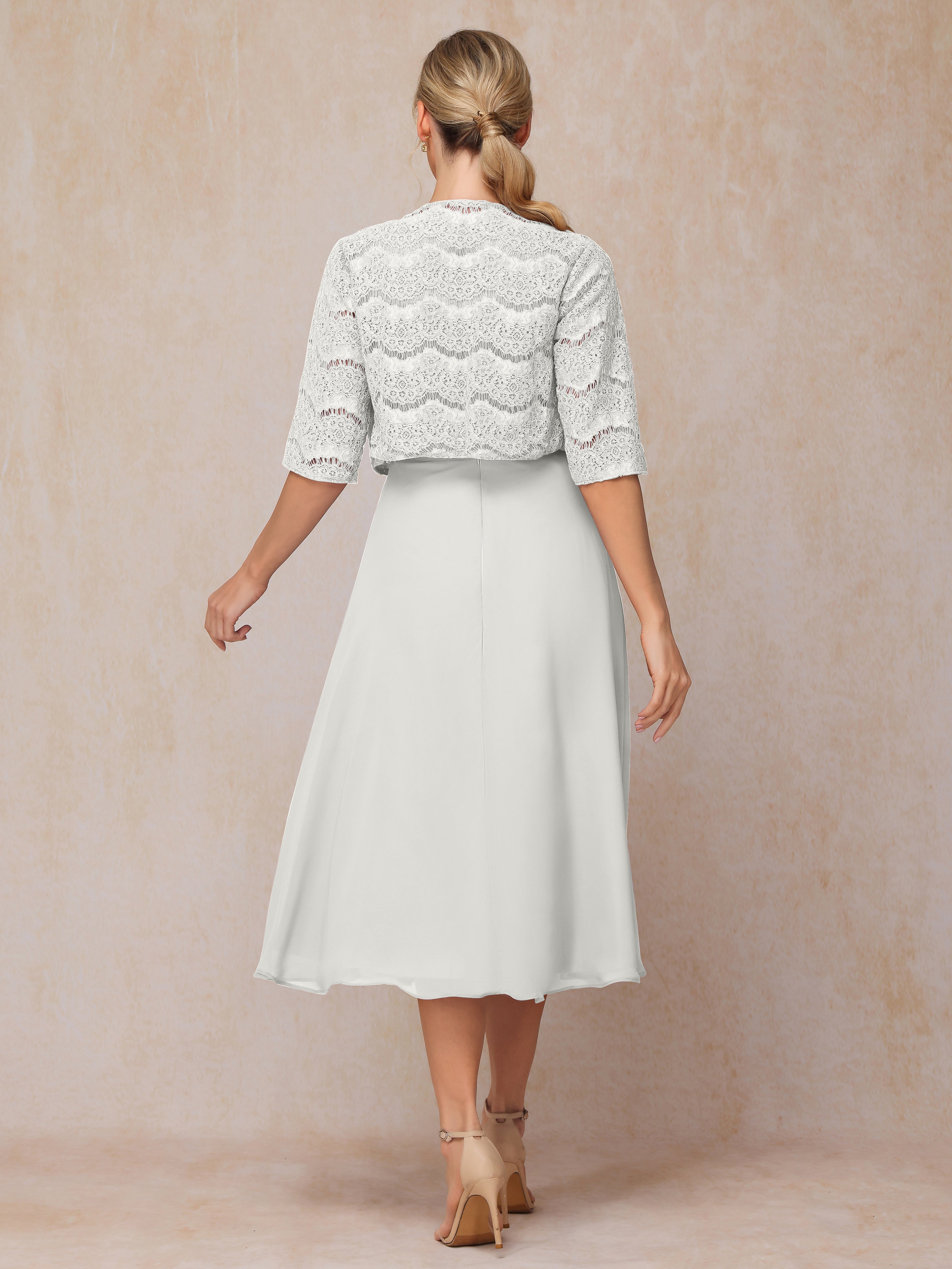 2 Pieces A Line Tea Length Chiffon Lace Mother Of The Bride Dress