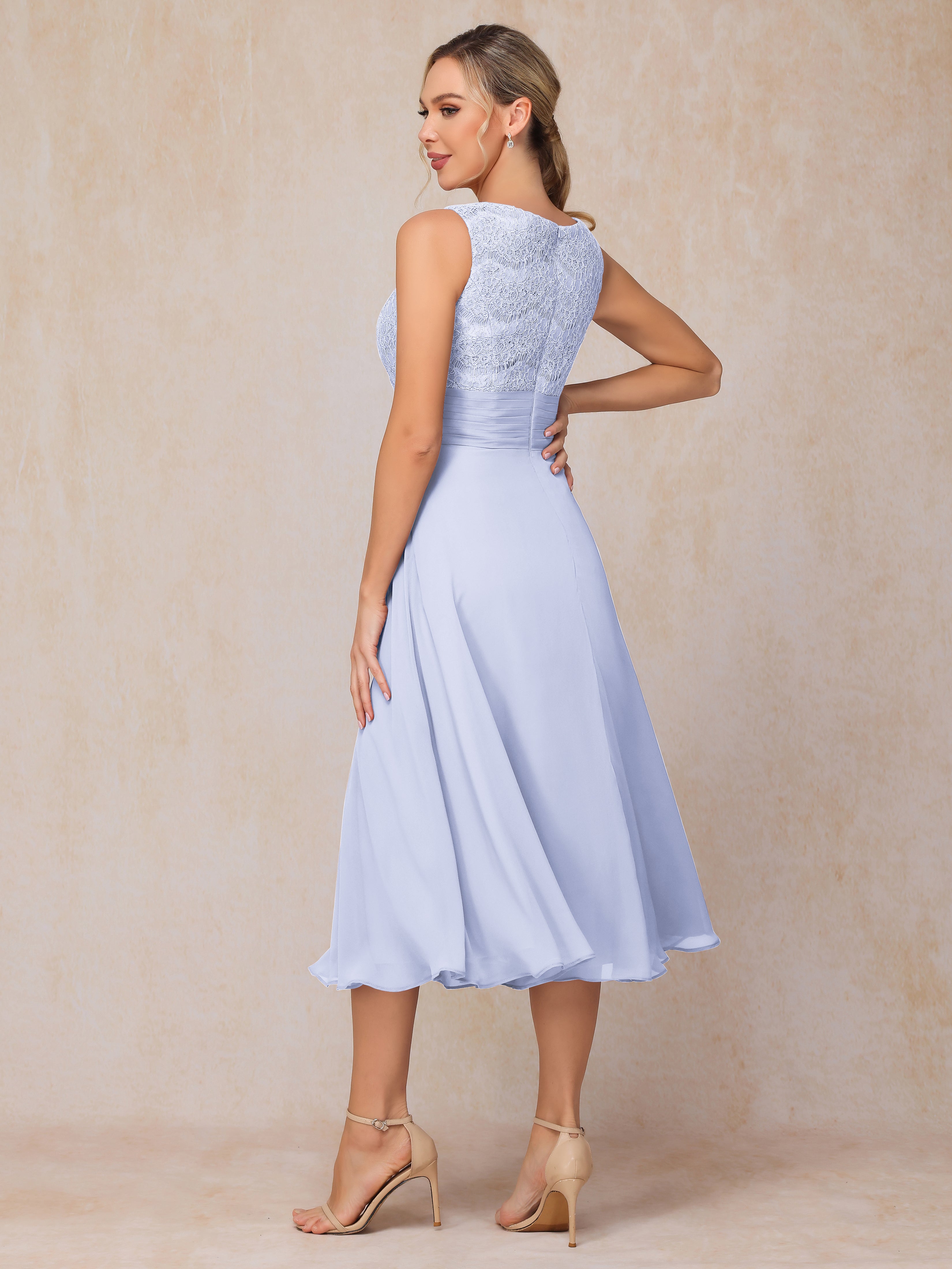 2 Pieces A Line Tea Length Chiffon Lace Mother Of The Bride Dress