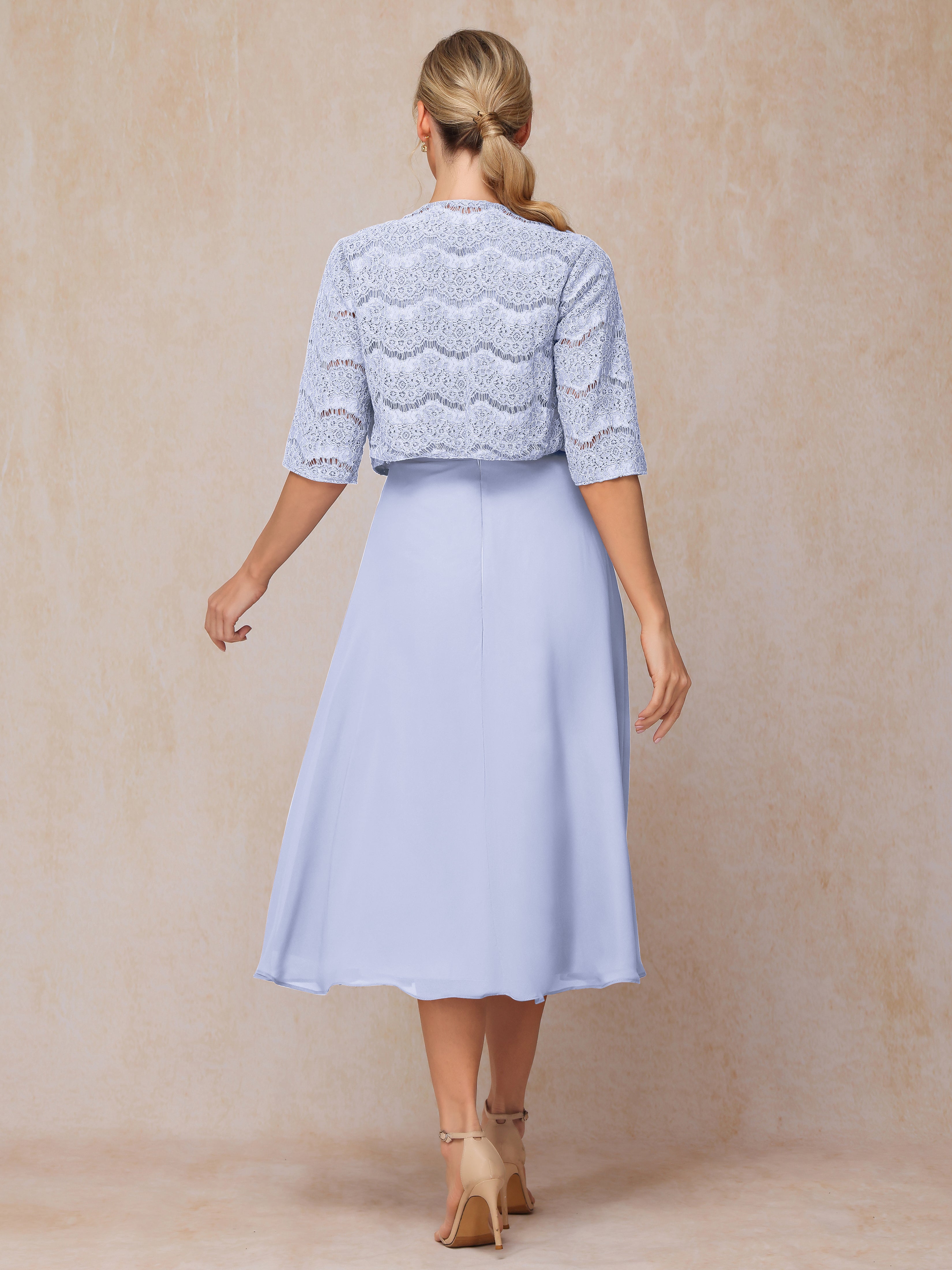2 Pieces A Line Tea Length Chiffon Lace Mother Of The Bride Dress