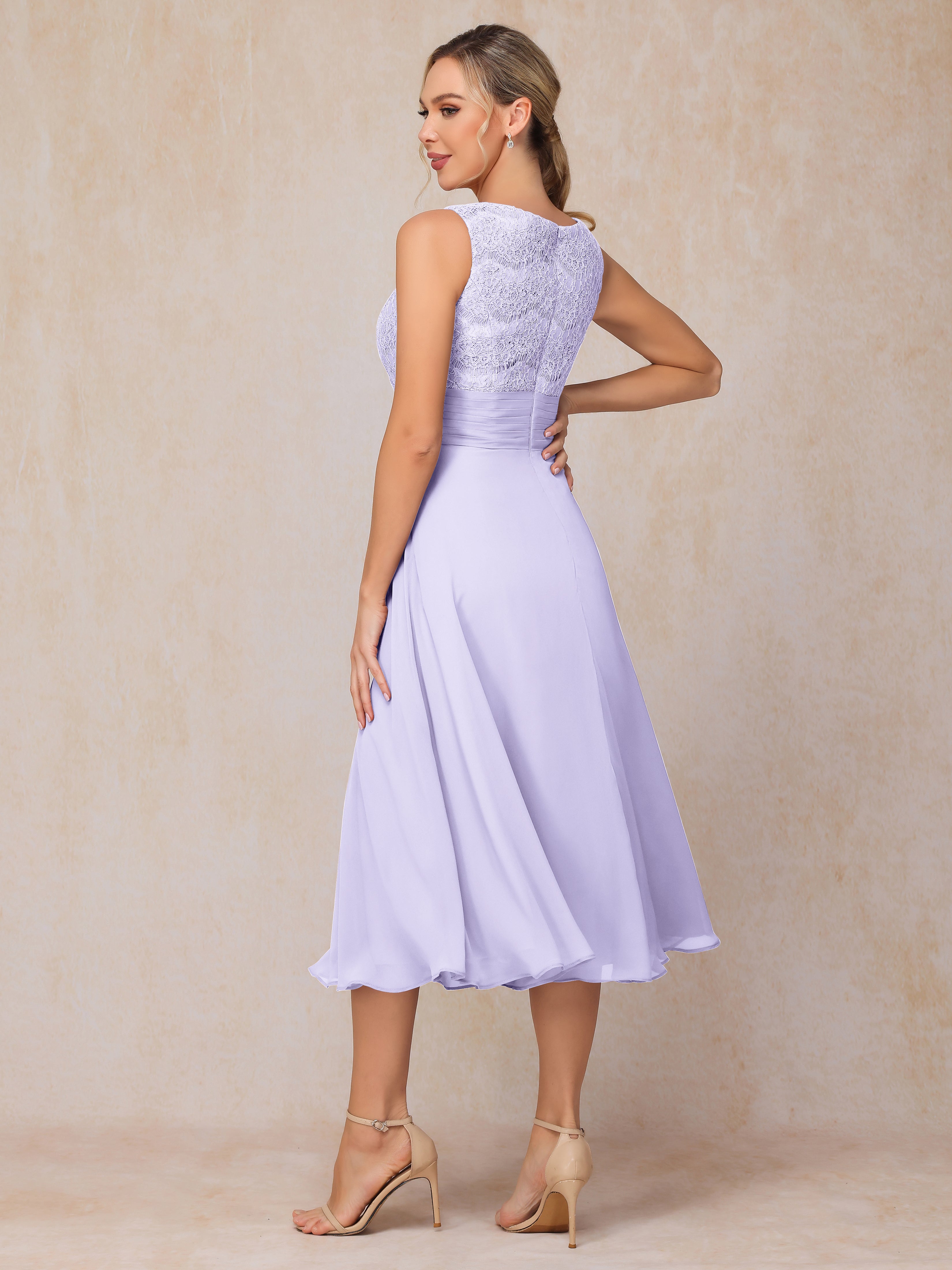 2 Pieces A Line Tea Length Chiffon Lace Mother Of The Bride Dress