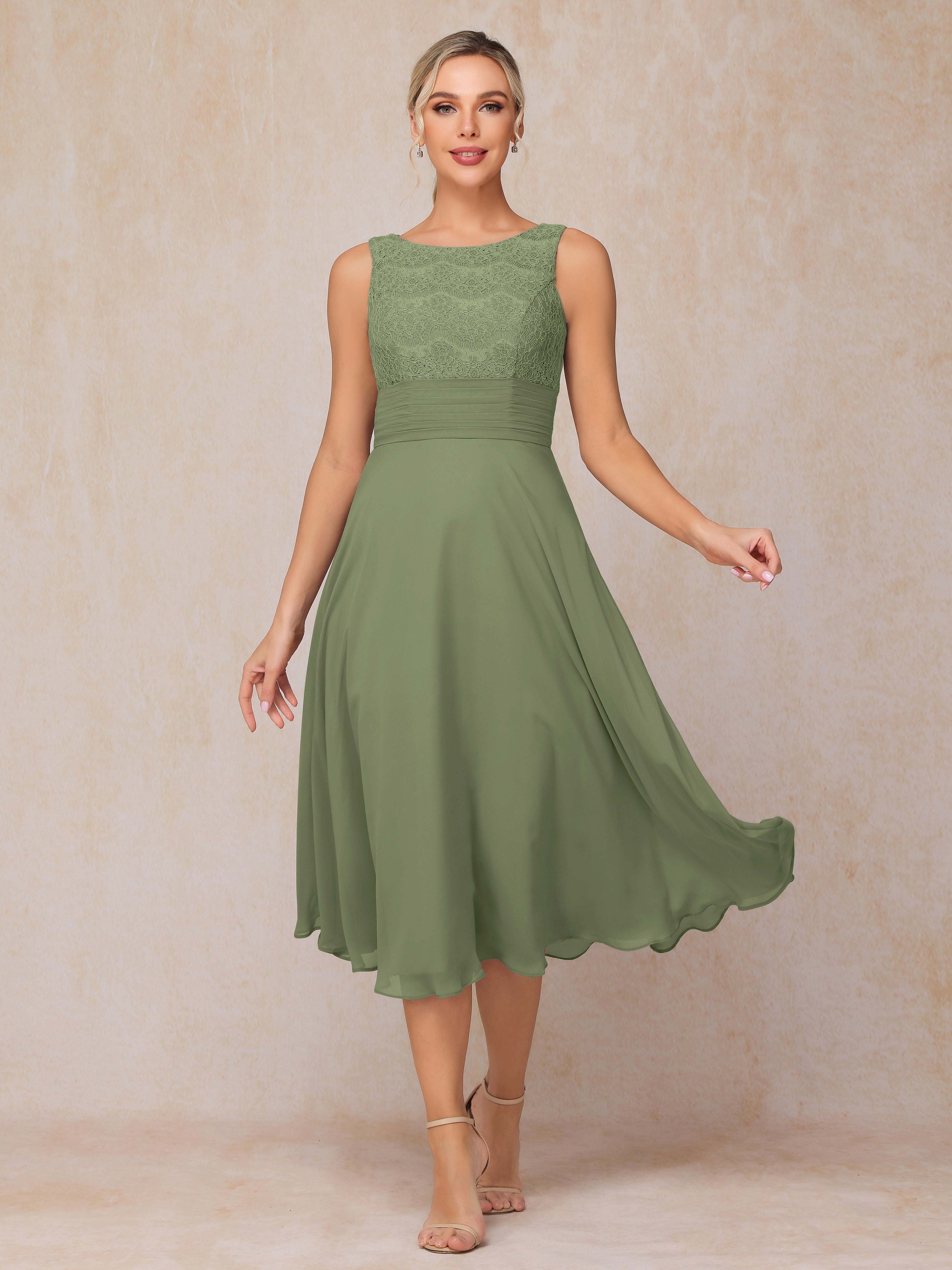 2 Pieces A Line Tea Length Chiffon Lace Mother Of The Bride Dress
