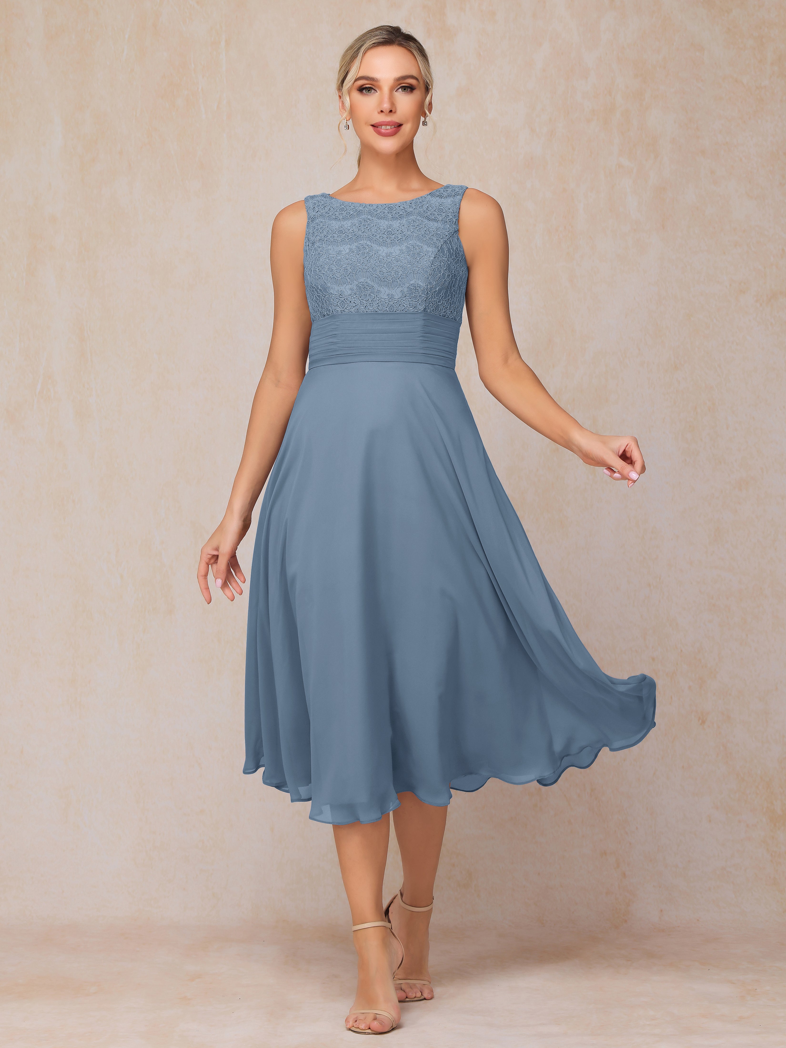 2 Pieces A Line Tea Length Chiffon Lace Mother Of The Bride Dress