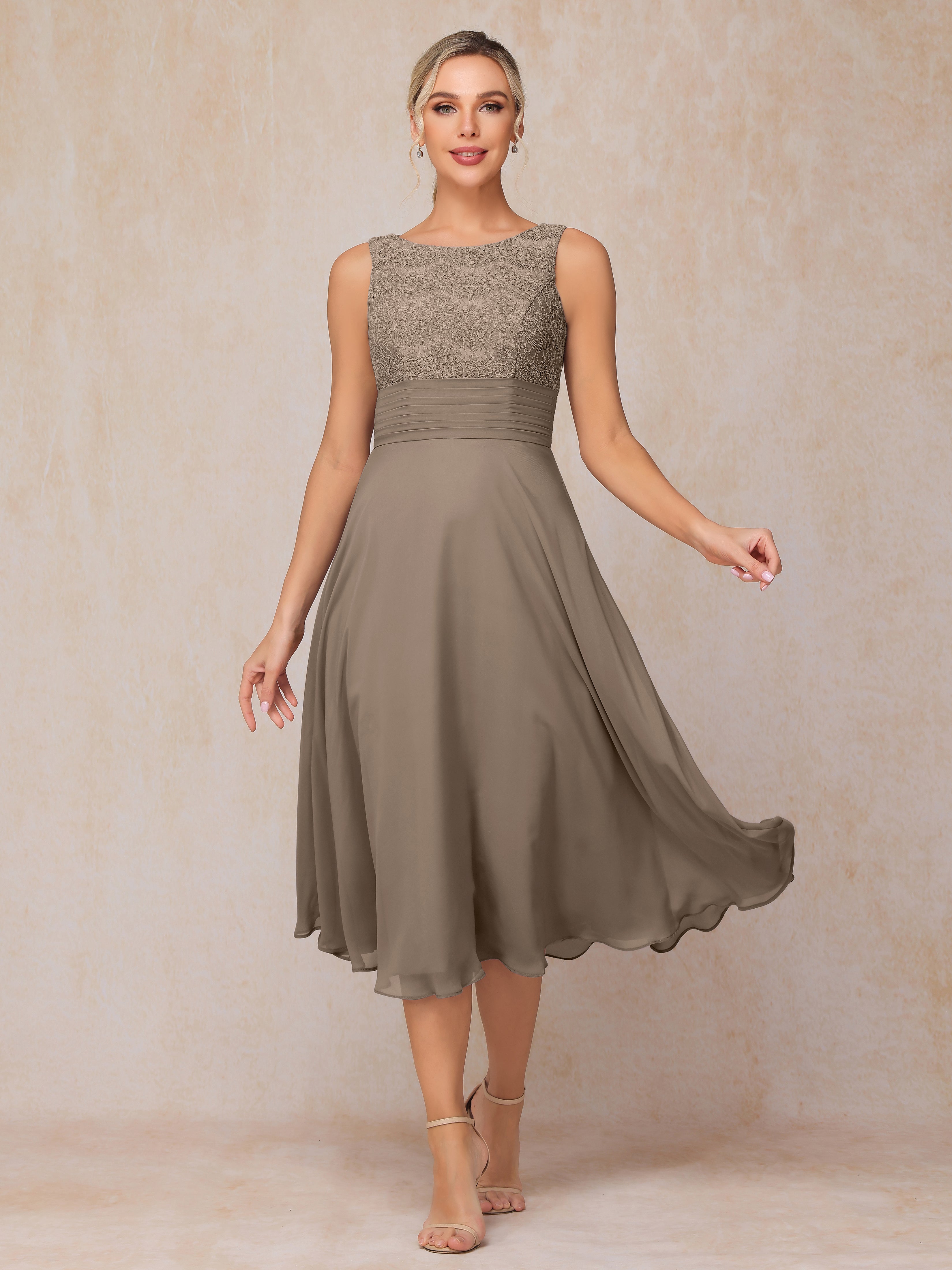 2 Pieces A Line Tea Length Chiffon Lace Mother Of The Bride Dress