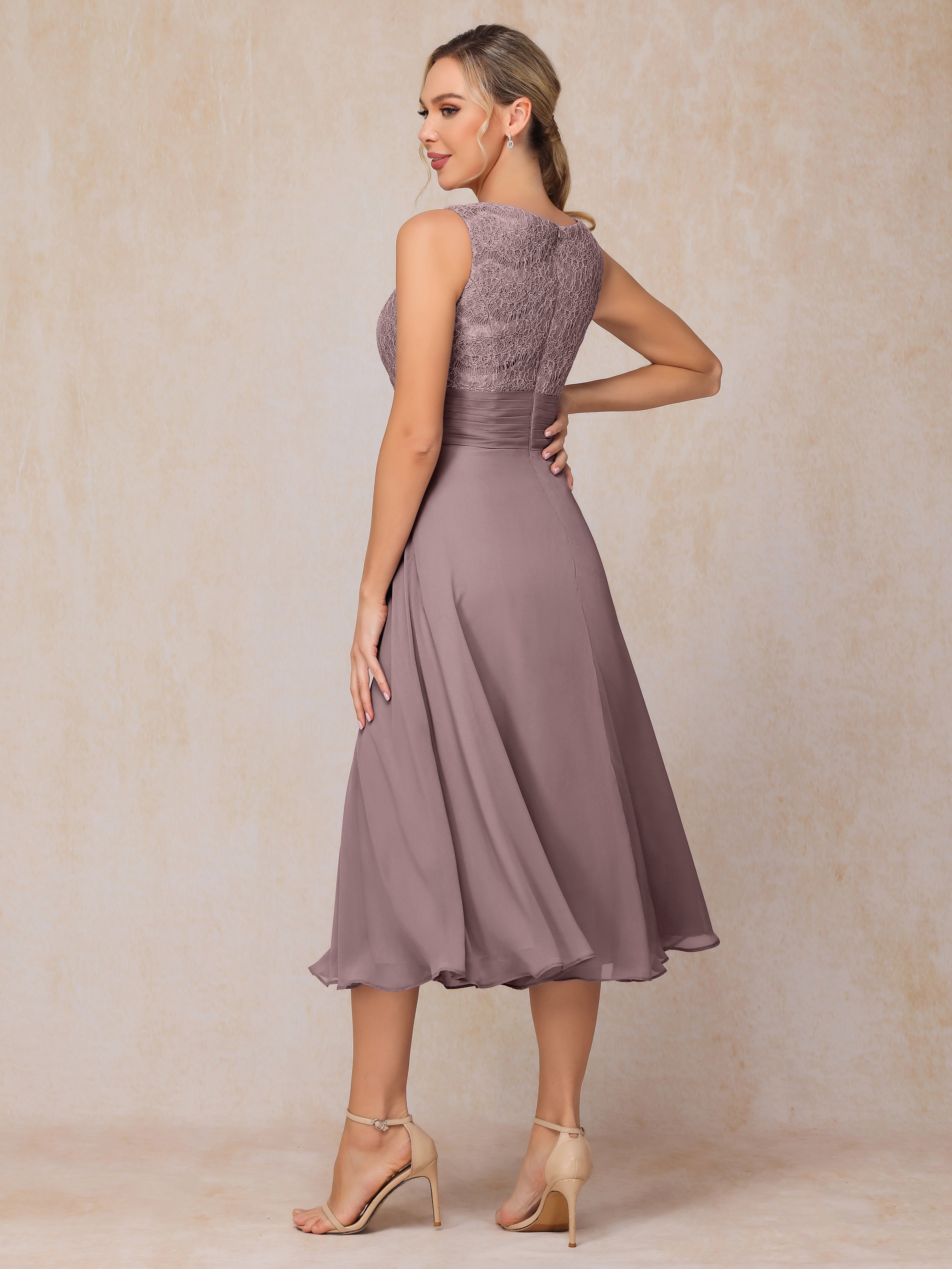 2 Pieces A Line Tea Length Chiffon Lace Mother Of The  Groom Dress