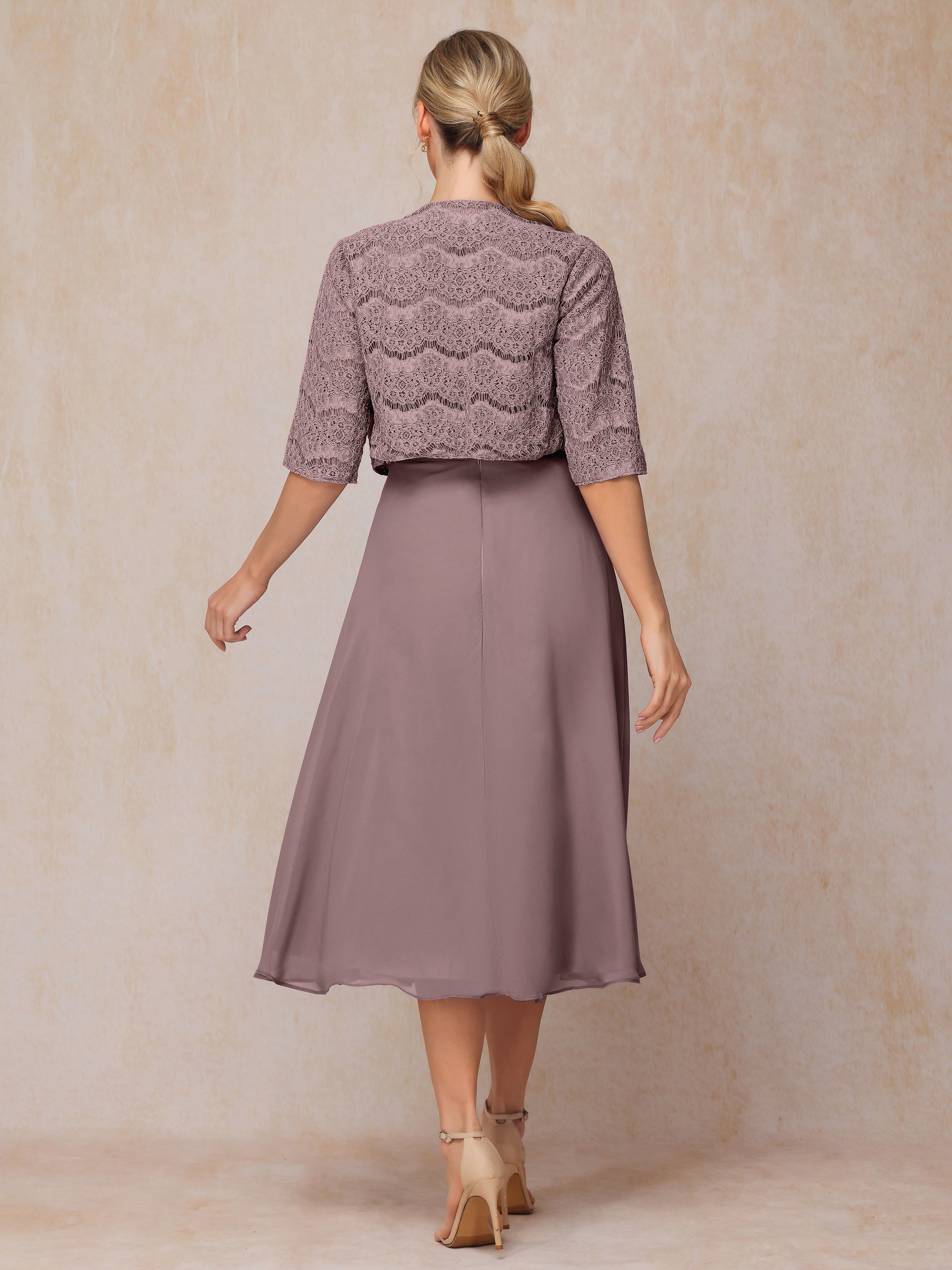 2 Pieces A Line Tea Length Chiffon Lace Mother Of The  Groom Dress