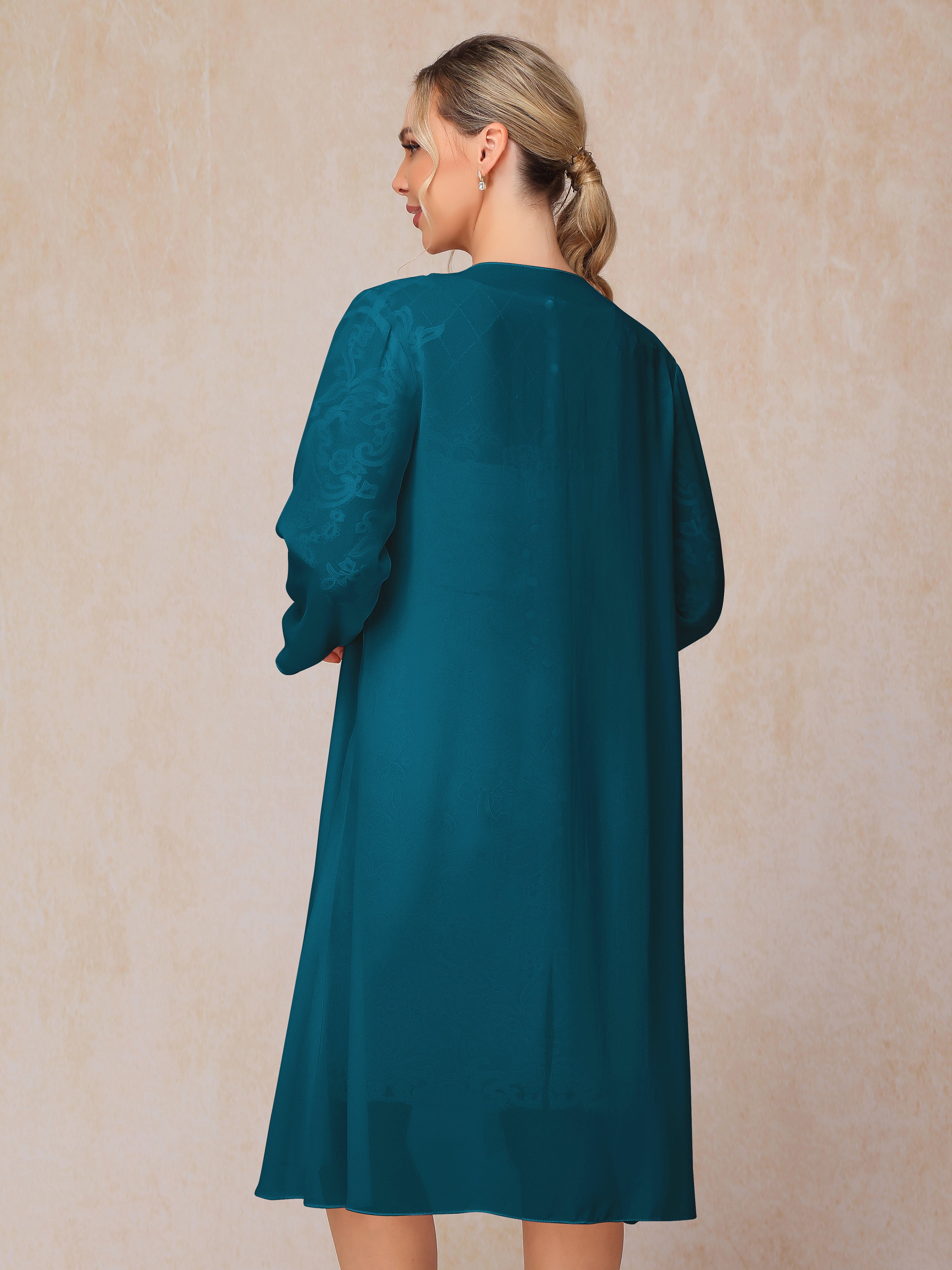 2 Pieces 3/4 Sleeves Knee Length Chiffon Lace Mother Of The Groom Dress