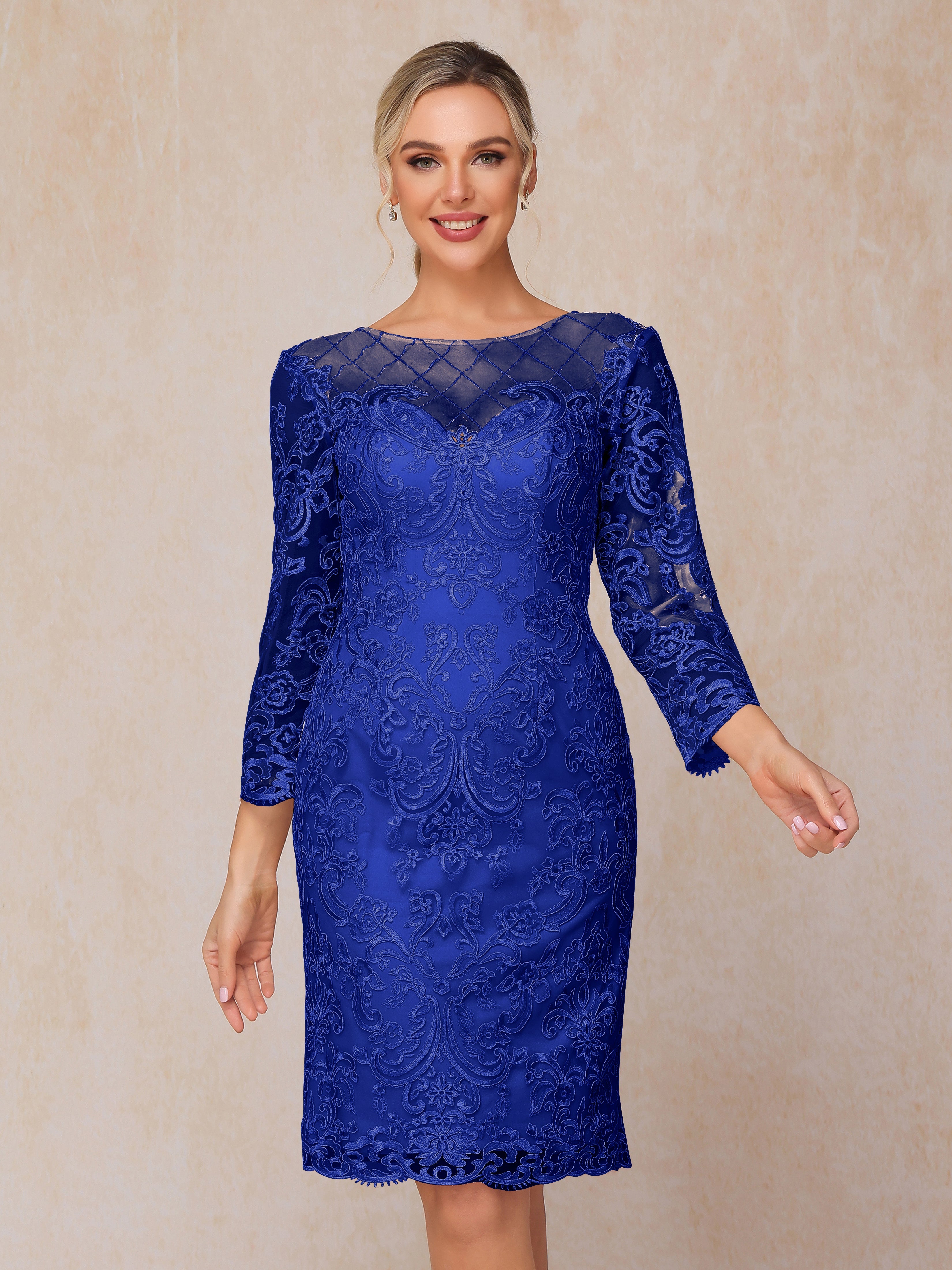 2 Pieces 3/4 Sleeves Knee Length Chiffon Lace Mother Of The Groom Dress