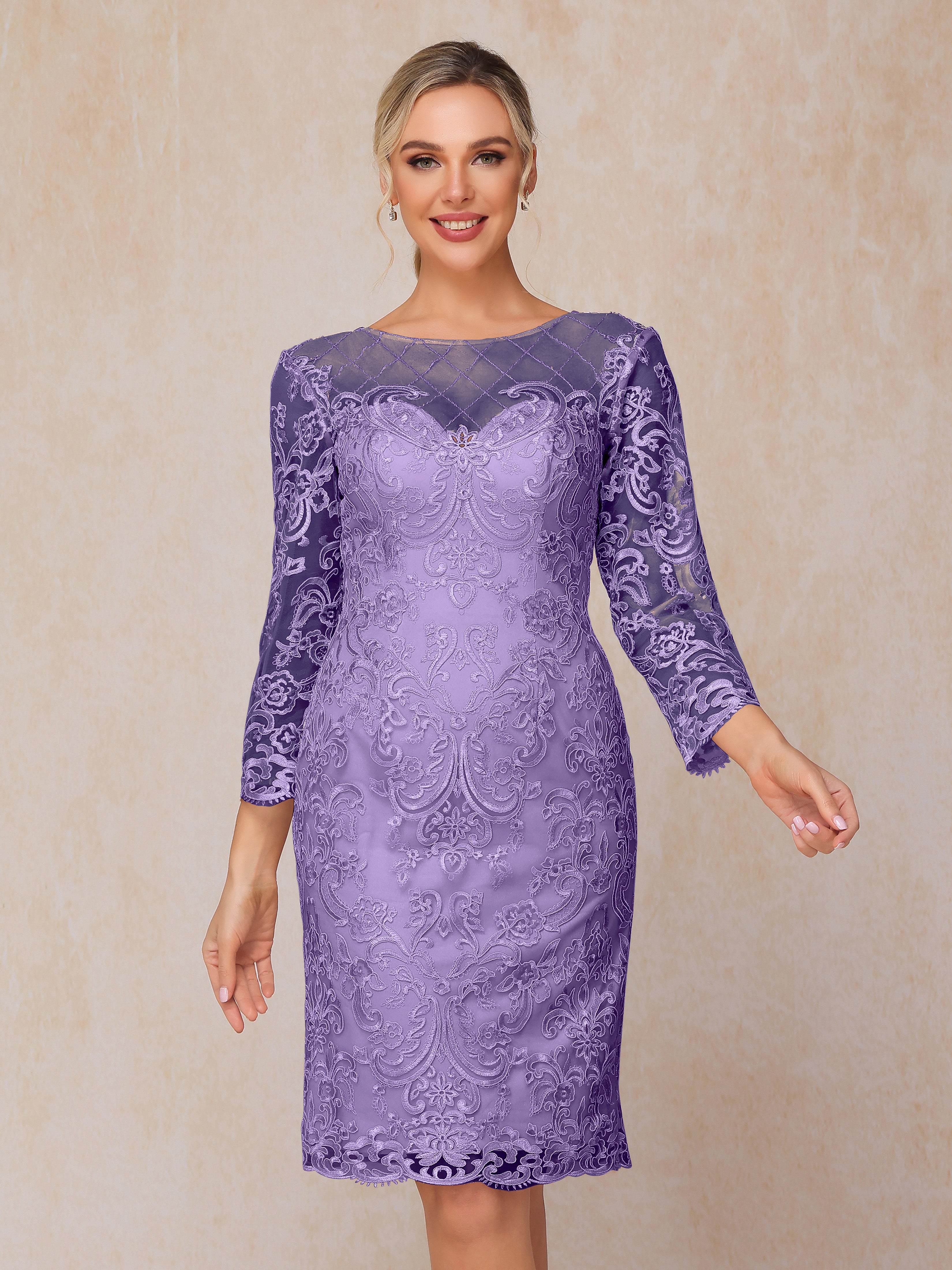 2 Pieces 3/4 Sleeves Knee Length Chiffon Lace Mother Of The Groom Dress