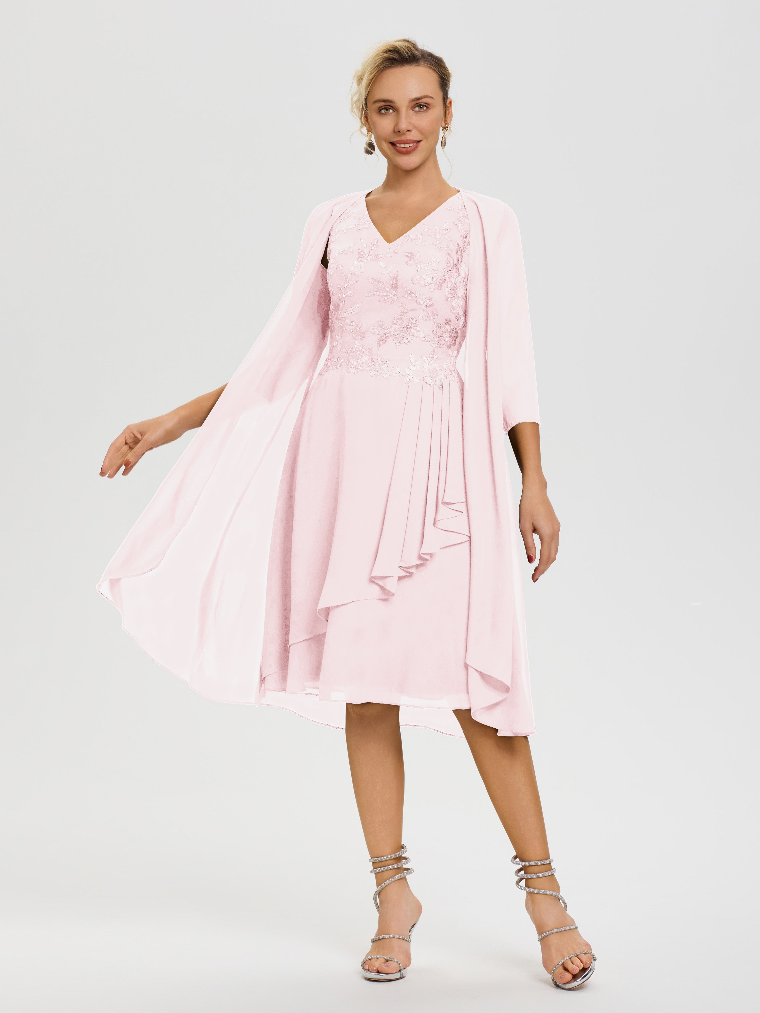 Blush Pink Mother of The Bride Dress 2 Pieces A Line V Neck Appliqued Knee Length Mother of The Bride Dresses with Jacket Blush Pink Mother of The Bride Dress 2 Pieces A Line V Neck Appliqued Knee Length Mother of The Bride Dresses with Jacket