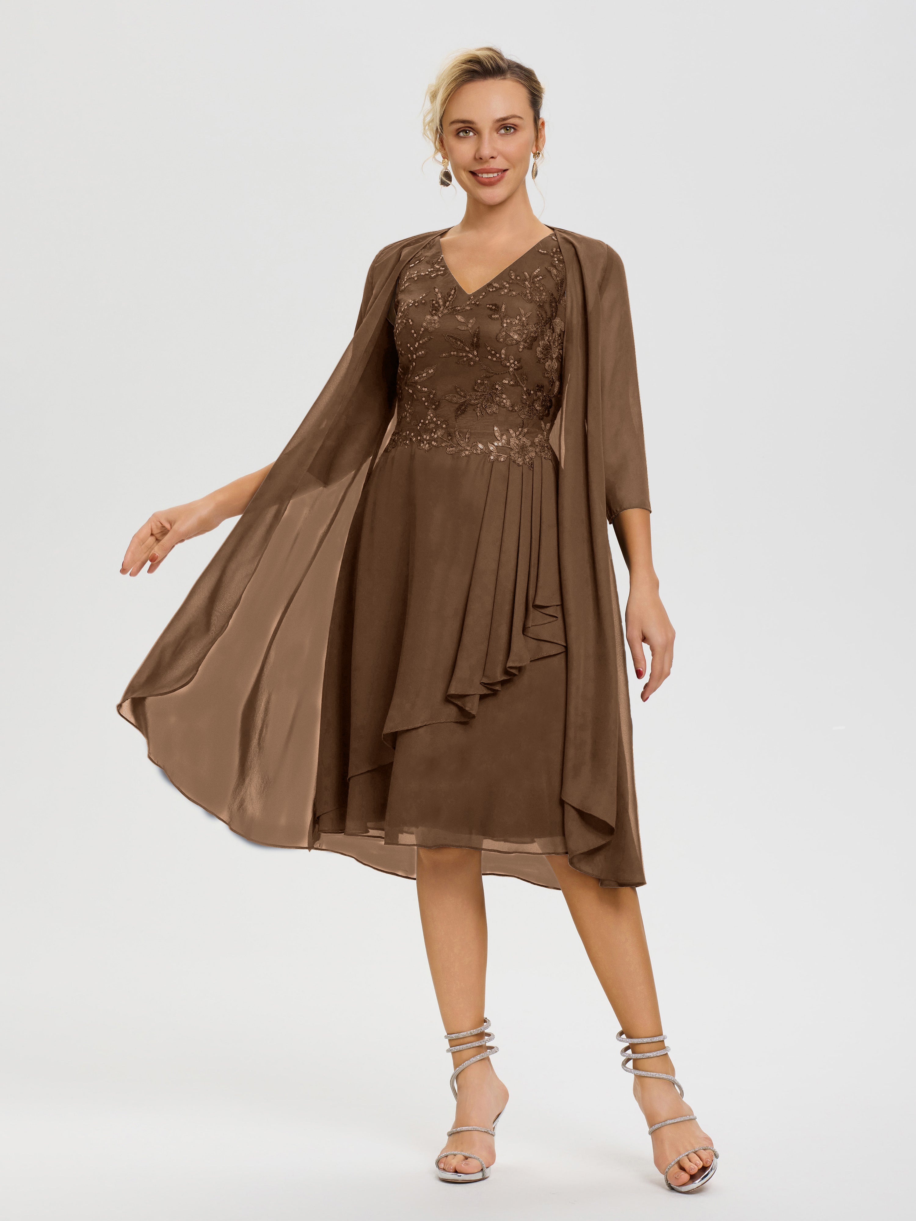 Chocolate Brown Mother Of The Bride Dresses 2 Pieces A Line V Neck Appliqued Knee Length Mother Of The Bride Dresses With Jacket Chocolate Brown Mother Of The Bride Dresses 2 Pieces A Line V Neck Appliqued Knee Length Mother Of The Bride Dresses With Jacket