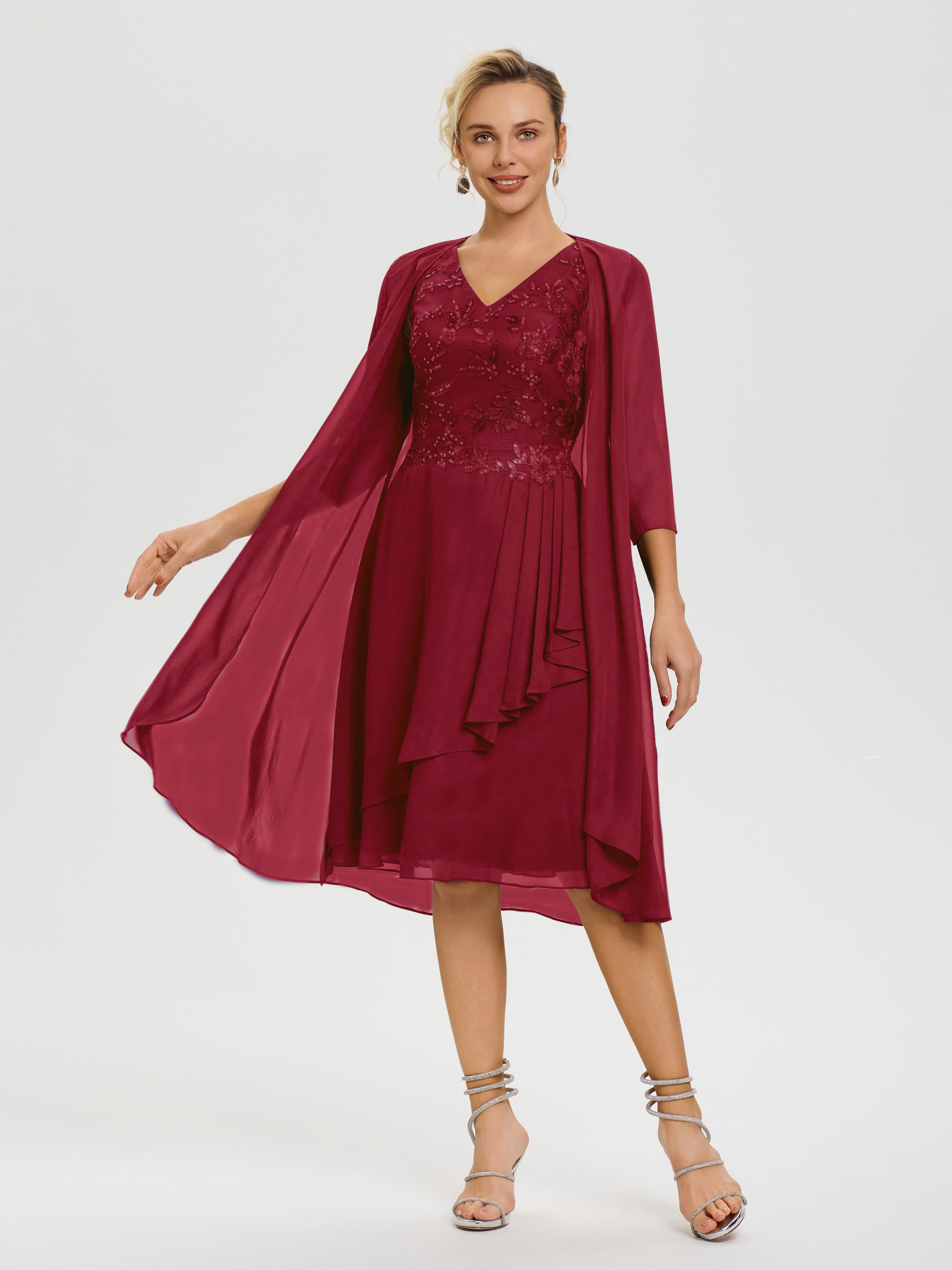 Burgundy Mother Of The Bride Dress With Jacket 2 Pieces A Line V Neck Appliqued Knee Length Mother Of The Bride Dresses With Jacket Burgundy Mother Of The Bride Dress With Jacket 2 Pieces A Line V Neck Appliqued Knee Length Mother Of The Bride Dresses With Jacket