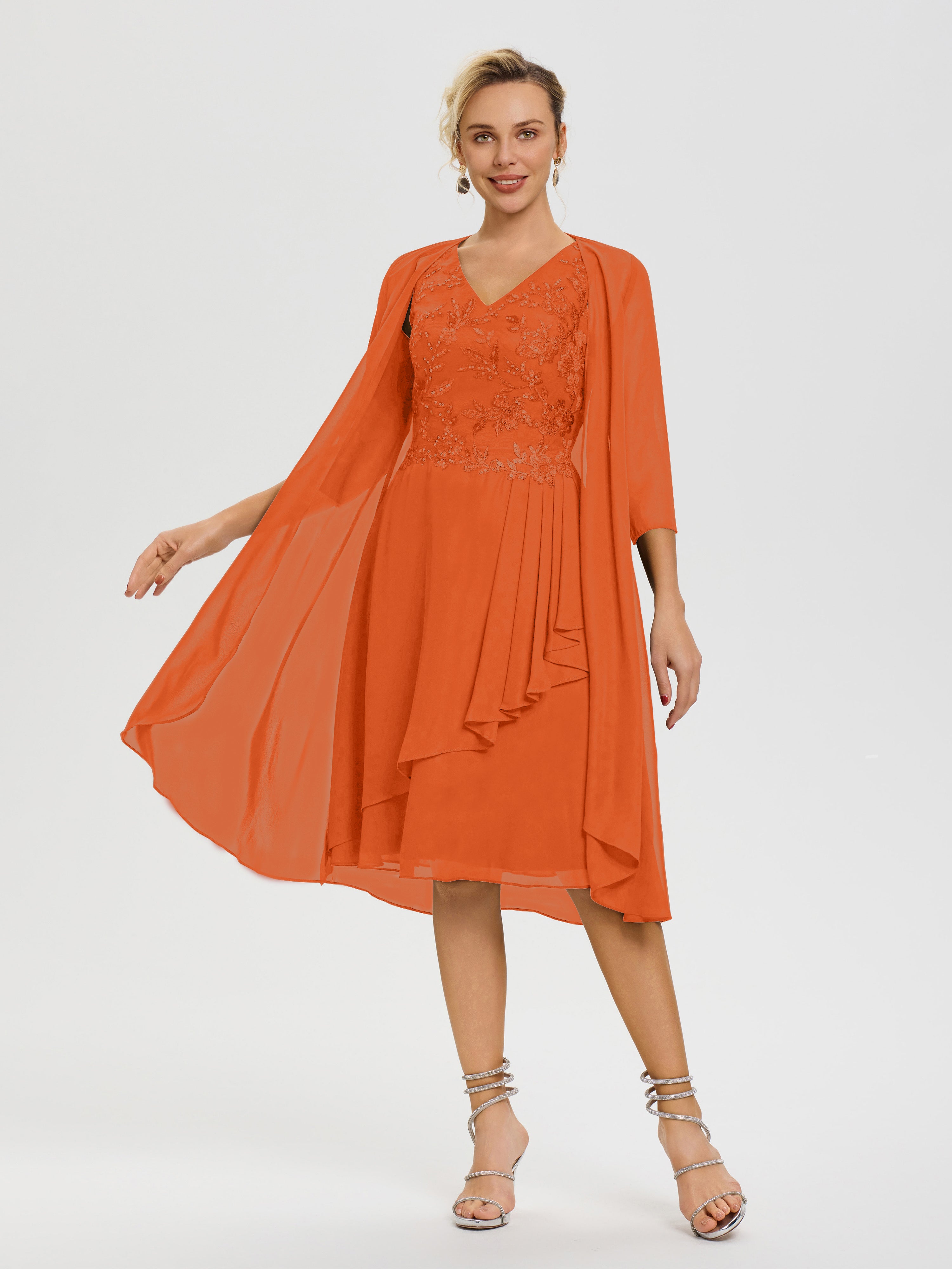 Burnt Orange Mother Of The Bride Dress 2 Pieces A Line V Neck Appliqued Knee Length Mother Of The Bride Dresses With Jacket Burnt Orange Mother Of The Bride Dress 2 Pieces A Line V Neck Appliqued Knee Length Mother Of The Bride Dresses With Jacket