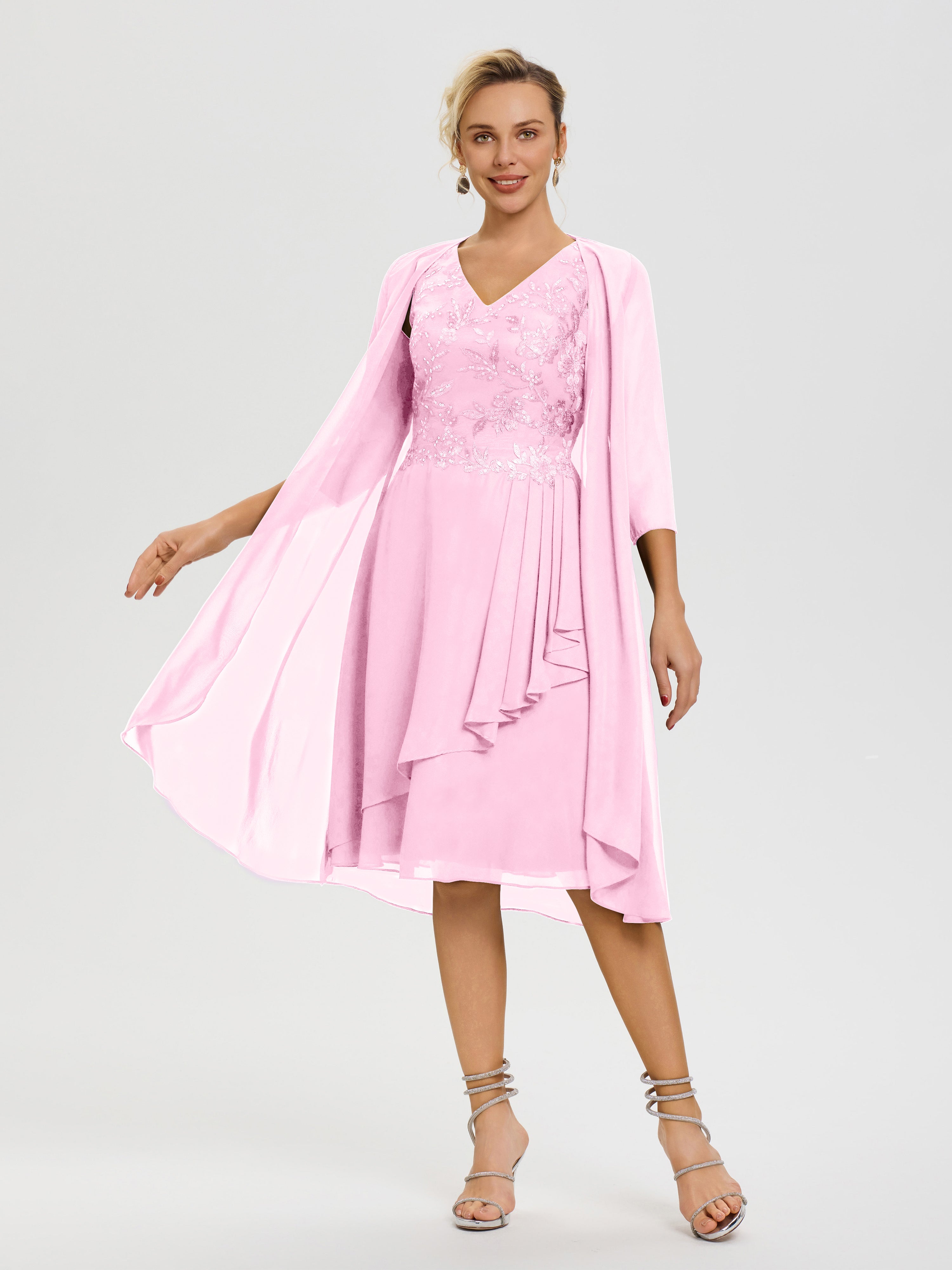 Candy Pink Mother of The Bride Dress and Jacket 2 Pieces A Line V Neck Appliqued Knee Length Mother of The Bride Dresses with Jacket Candy Pink Mother of The Bride Dress and Jacket 2 Pieces A Line V Neck Appliqued Knee Length Mother of The Bride Dresses with Jacket