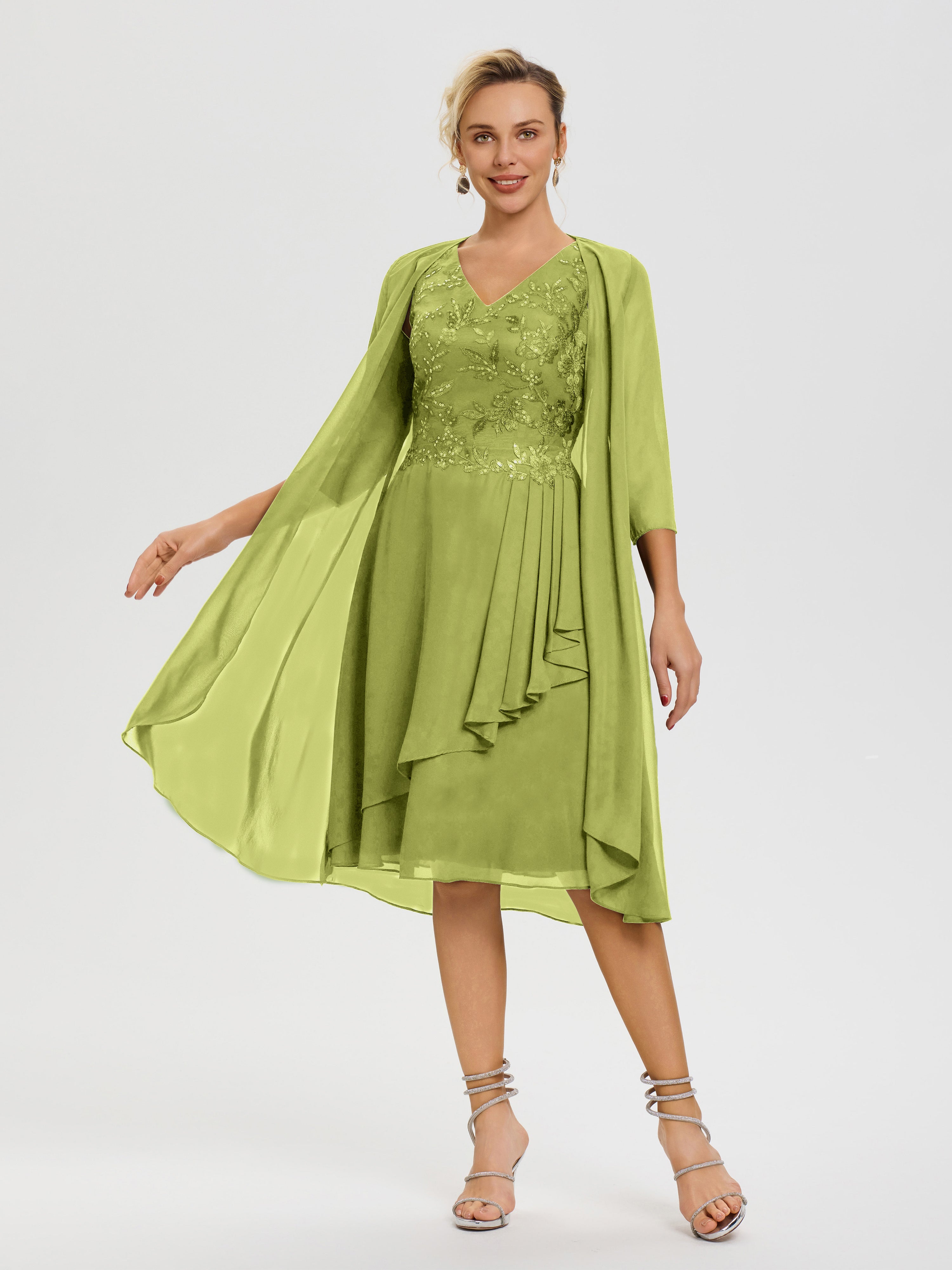 Clover Mother Of The Bride Dress For Beach Wedding 2 Pieces A Line V Neck Appliqued Knee Length Mother Of The Bride Dresses With Jacket Clover Mother Of The Bride Dress For Beach Wedding 2 Pieces A Line V Neck Appliqued Knee Length Mother Of The Bride Dresses With Jacket