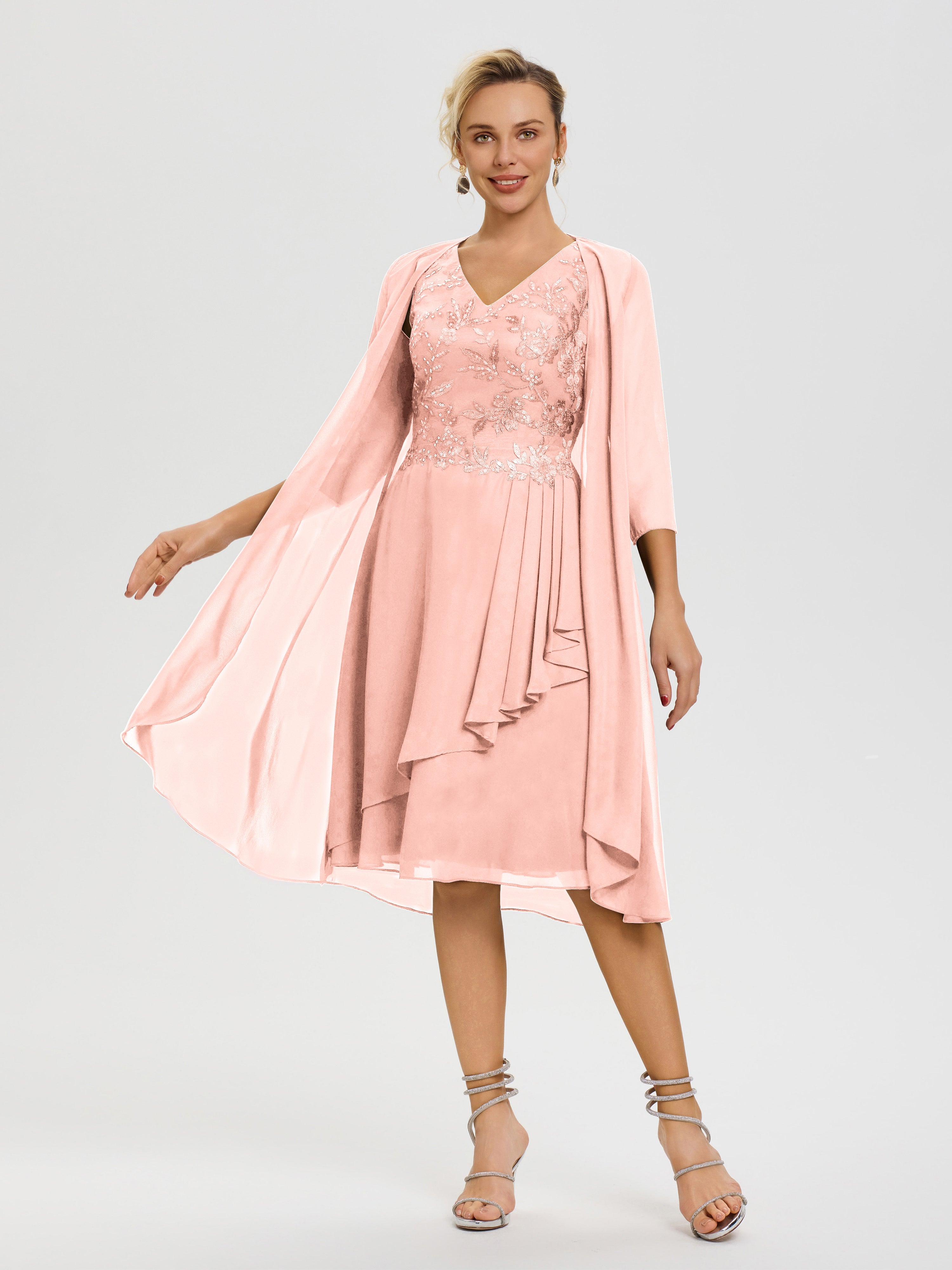 Coral Mother Of The Bride Dress For Beach Wedding 2 Pieces A Line V Neck Appliqued Knee Length Mother Of The Bride Dresses With Jacket Coral Mother Of The Bride Dress For Beach Wedding 2 Pieces A Line V Neck Appliqued Knee Length Mother Of The Bride Dresses With Jacket
