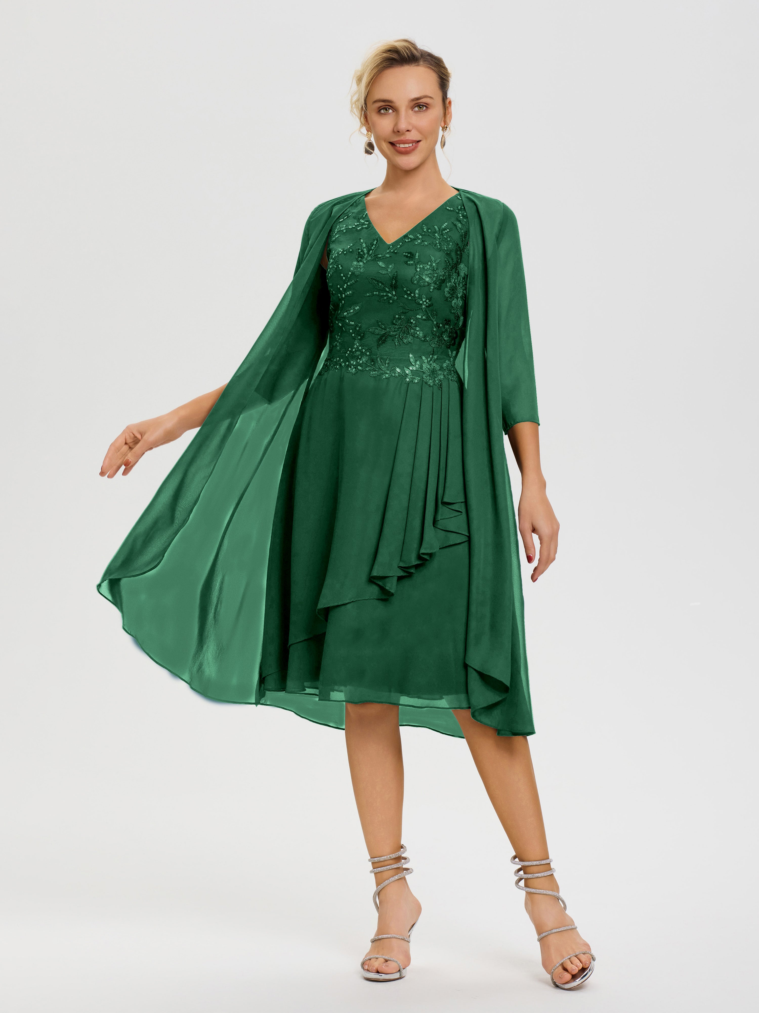 Dark Sage Green Mother Of The Bride Dresses 2 Pieces A Line V Neck Appliqued Knee Length Mother Of The Bride Dresses With Jacket Dark Sage Green Mother Of The Bride Dresses 2 Pieces A Line V Neck Appliqued Knee Length Mother Of The Bride Dresses With Jacket
