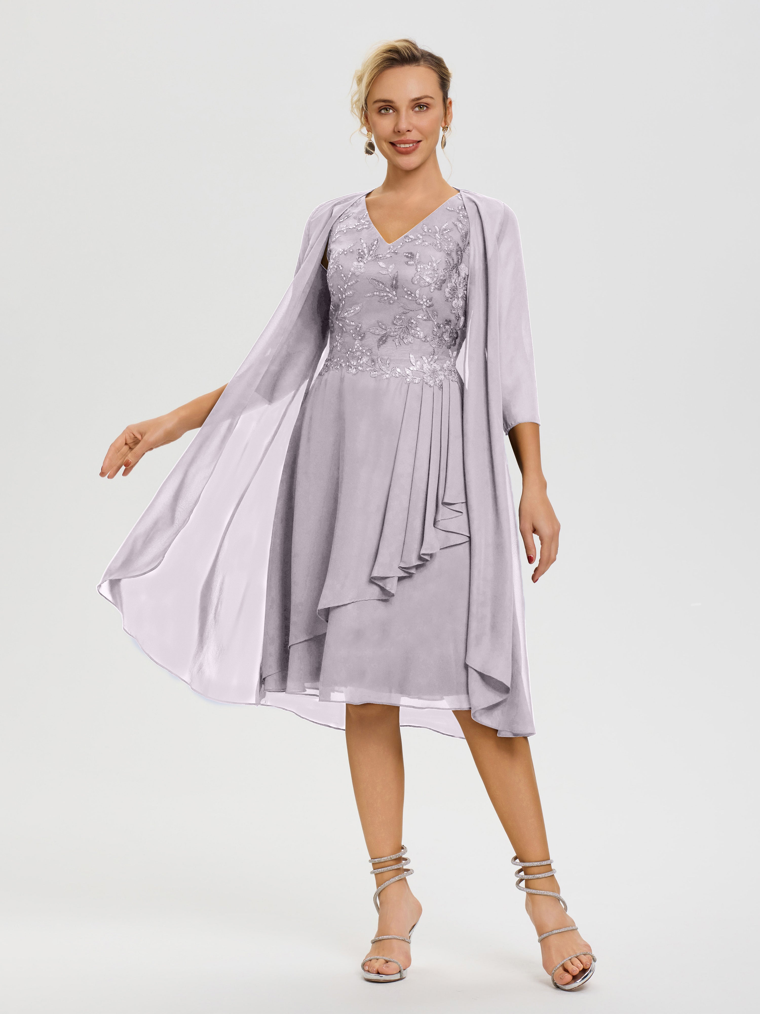 Dusk Mother Of The Bride Dresses 2 Pieces A Line V Neck Appliqued Knee Length Mother Of The Bride Dresses With Jacket Dusk Mother Of The Bride Dresses 2 Pieces A Line V Neck Appliqued Knee Length Mother Of The Bride Dresses With Jacket