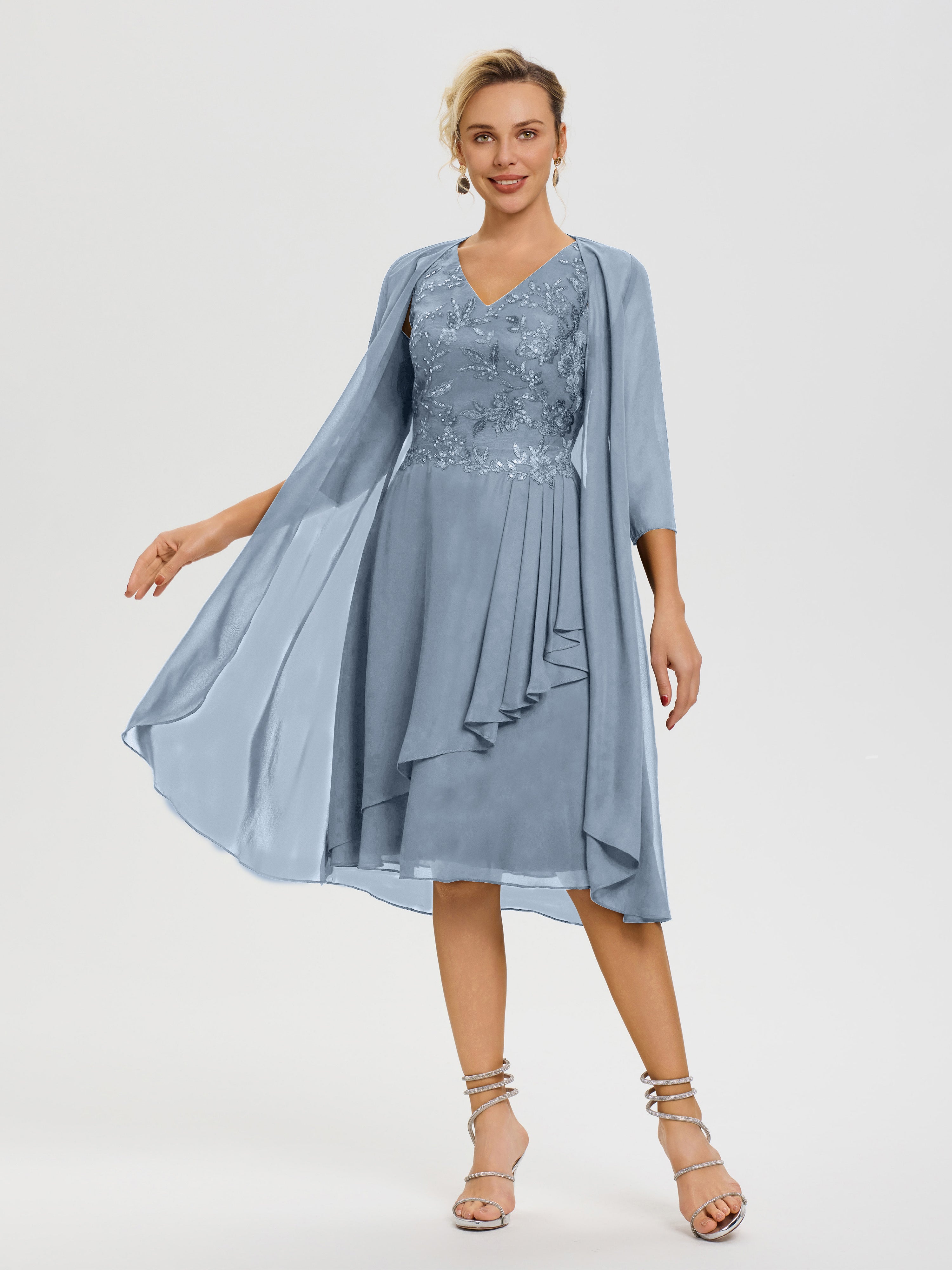 Dusty Blue Mother Of The Bride Dresses 2 Pieces A Line V Neck Appliqued Knee Length Mother Of The Bride Dresses With Jacket Dusty Blue Mother Of The Bride Dresses 2 Pieces A Line V Neck Appliqued Knee Length Mother Of The Bride Dresses With Jacket