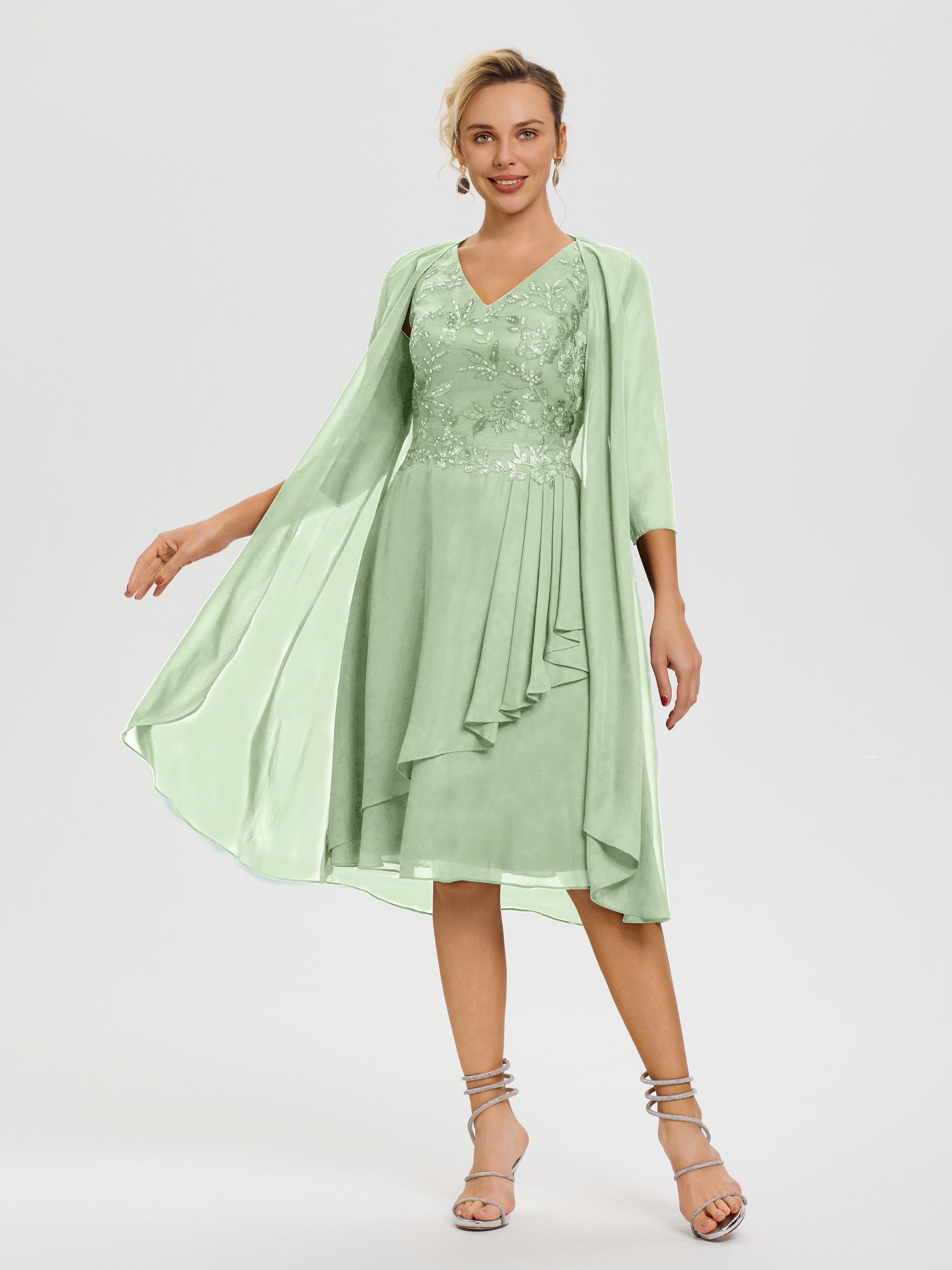 Dusty Sage Mother Of The Bride Dress Plus Size 2 Pieces A Line V Neck Appliqued Knee Length Mother Of The Bride Dresses With Jacket Dusty Sage Mother Of The Bride Dress Plus Size 2 Pieces A Line V Neck Appliqued Knee Length Mother Of The Bride Dresses With Jacket