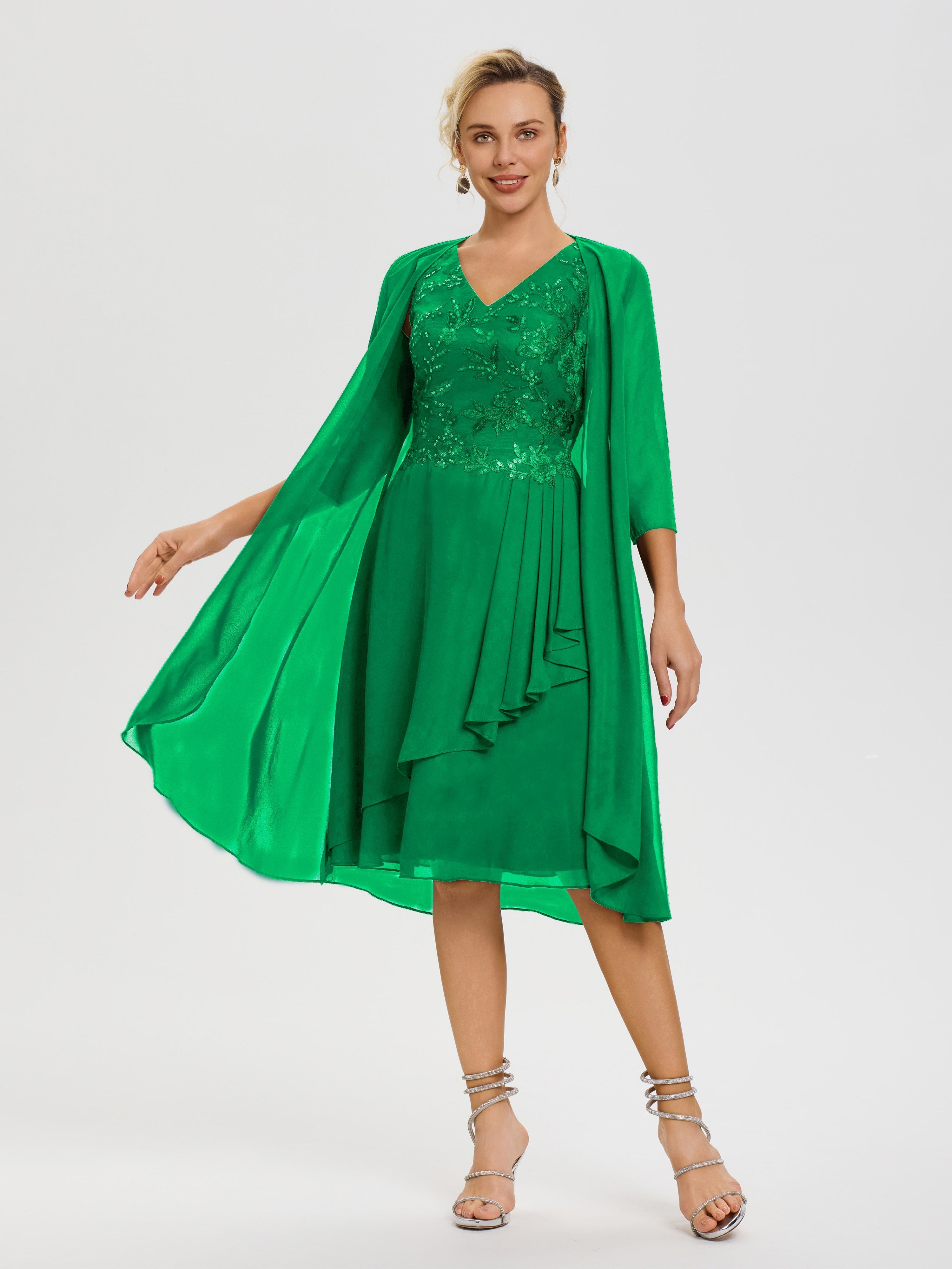 Emerald Green Mother Of The Bride Dresses 2 Pieces A Line V Neck Appliqued Knee Length Mother Of The Bride Dresses With Jacket Emerald Green Mother Of The Bride Dresses 2 Pieces A Line V Neck Appliqued Knee Length Mother Of The Bride Dresses With Jacket