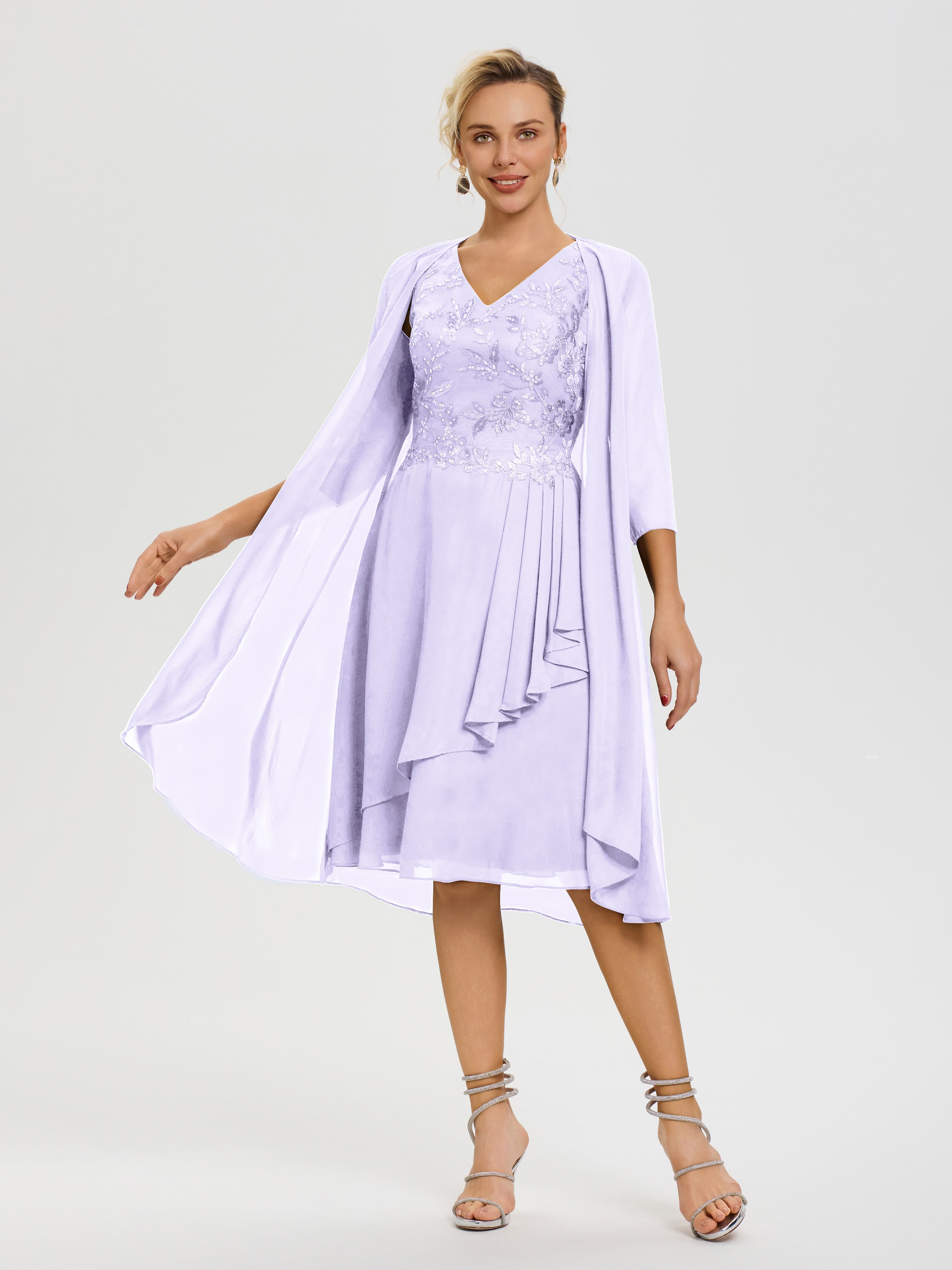 Mother Of The Bride Lilac Dress 2 Pieces A Line V Neck Appliqued Knee Length Mother Of The Bride Dresses With Jacket Mother Of The Bride Lilac Dress 2 Pieces A Line V Neck Appliqued Knee Length Mother Of The Bride Dresses With Jacket