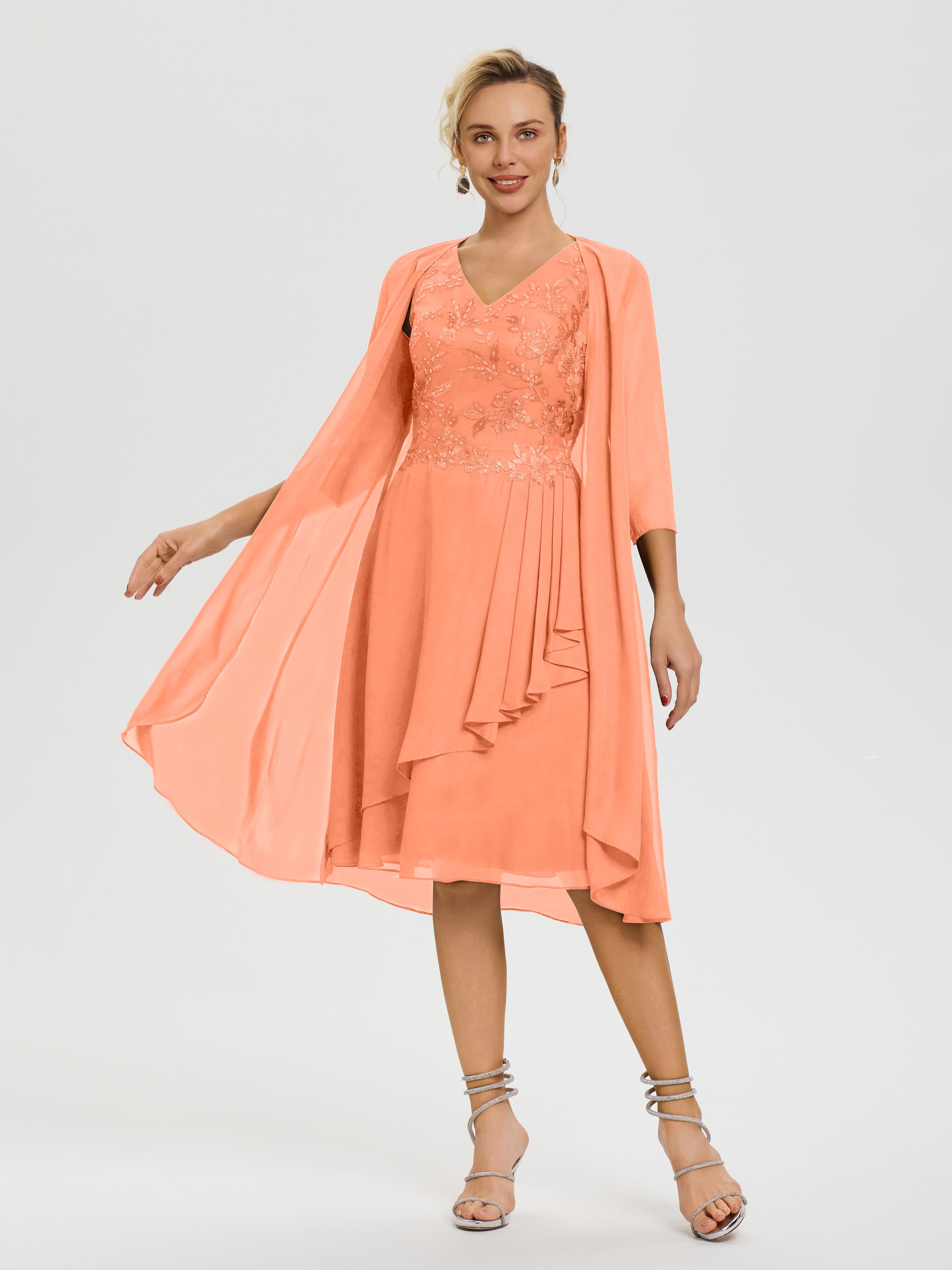 Papaya Mother of The Bride Dresses Knee Length 2 Pieces A Line V Neck Appliqued Knee Length Mother of The Bride Dresses with Jacket Papaya Mother of The Bride Dresses Knee Length 2 Pieces A Line V Neck Appliqued Knee Length Mother of The Bride Dresses with Jacket