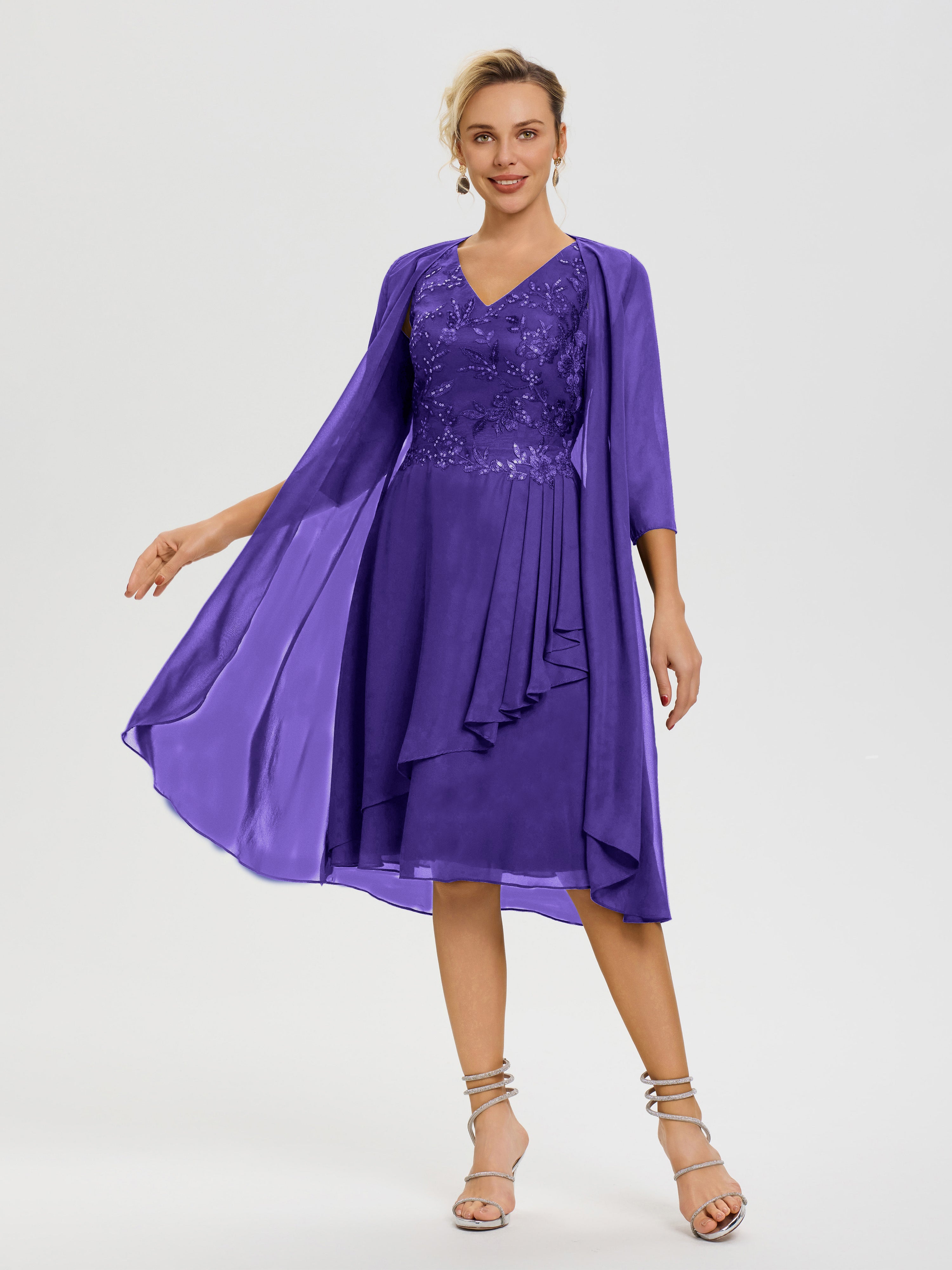 Regency Purple Mother Of The Bride Dresses 2 Pieces A Line V Neck Appliqued Knee Length Mother Of The Bride Dresses With Jacket Regency Purple Mother Of The Bride Dresses 2 Pieces A Line V Neck Appliqued Knee Length Mother Of The Bride Dresses With Jacket