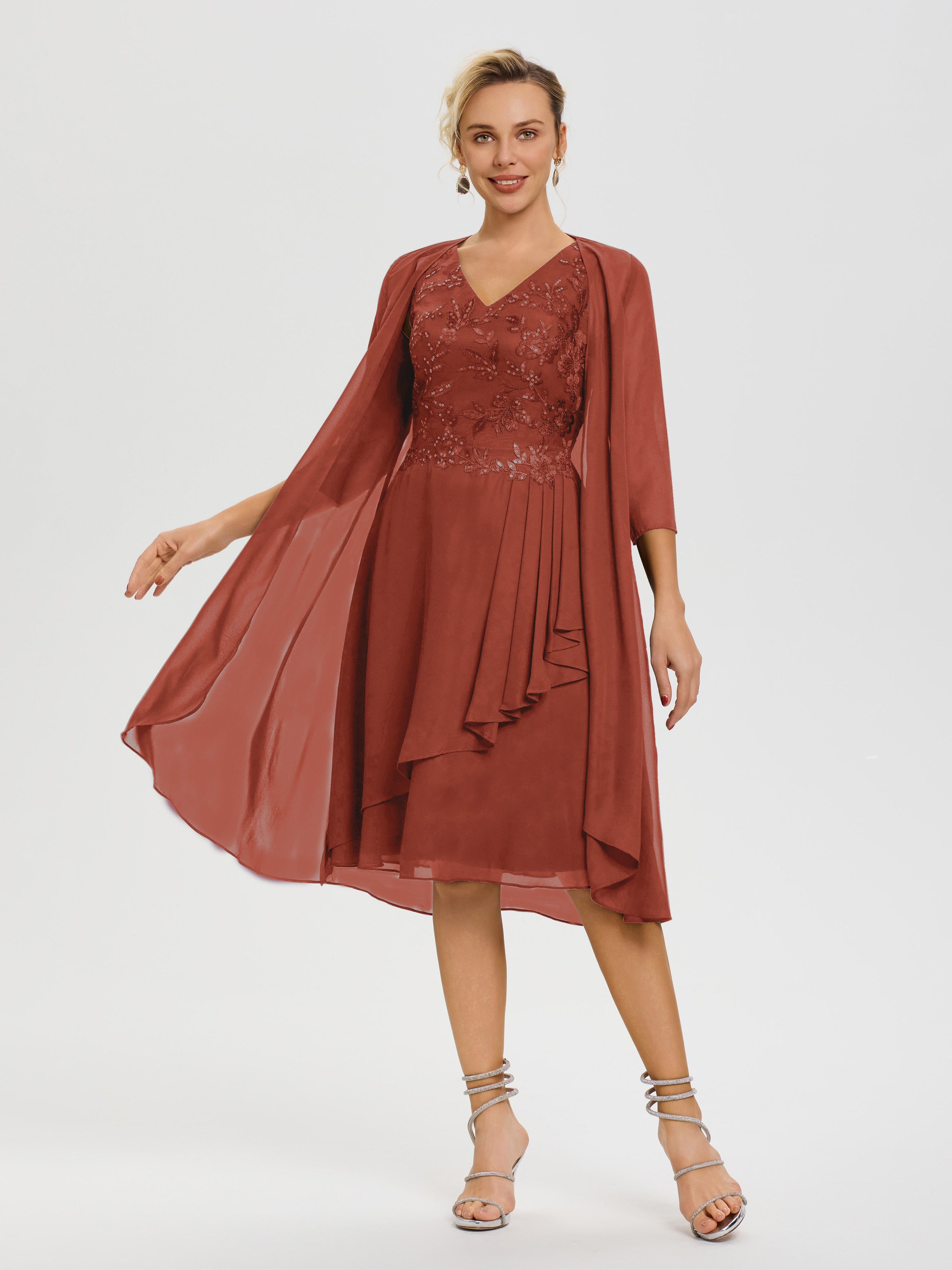 Rust Colored Mother Of The Bride Dress 2 Pieces A Line V Neck Applique