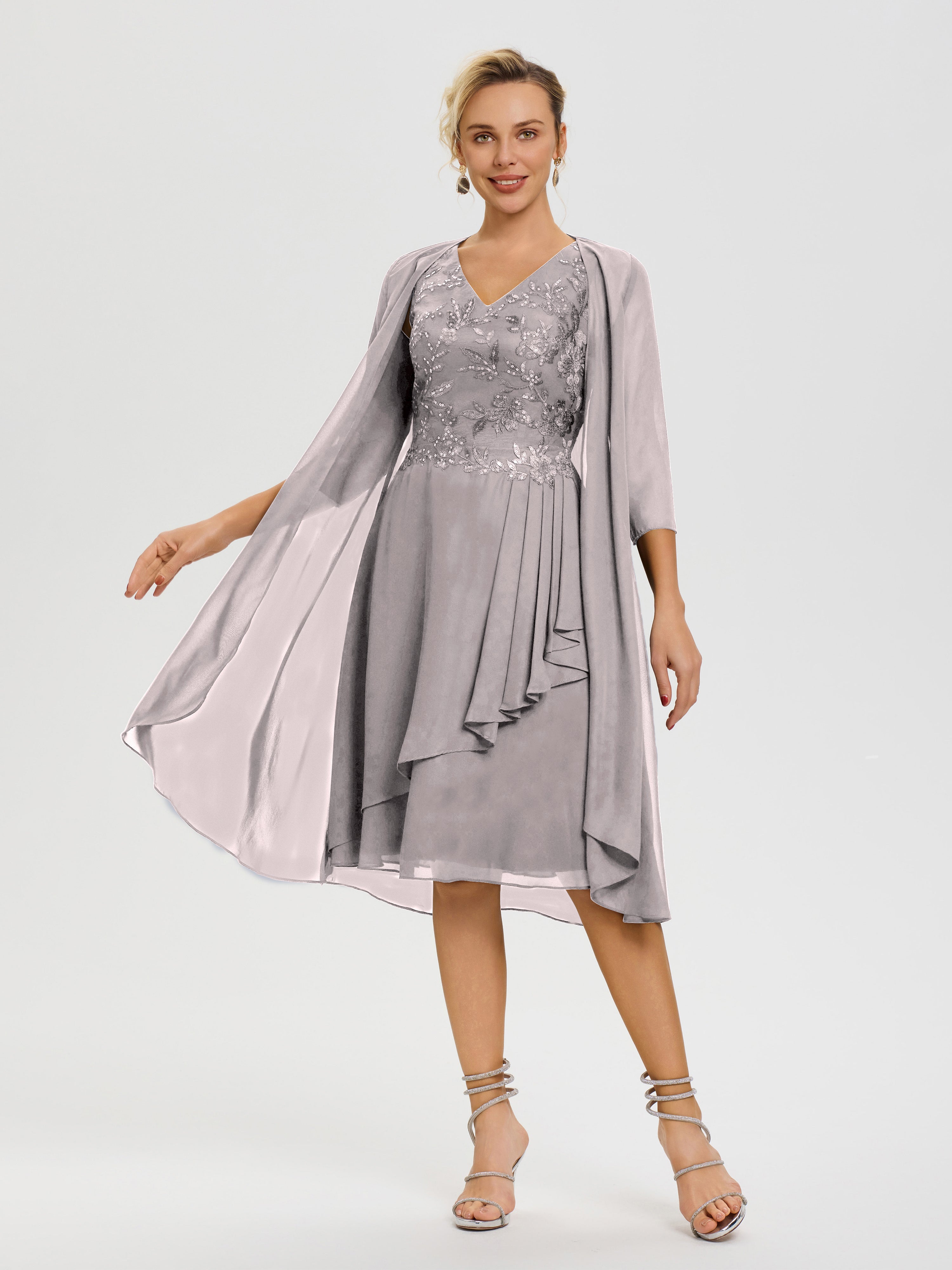 Silver Mother Of The Bride Dress 2 Pieces A Line V Neck Appliqued Knee Length Mother Of The Bride Dresses With Jacket Silver Mother Of The Bride Dress 2 Pieces A Line V Neck Appliqued Knee Length Mother Of The Bride Dresses With Jacket