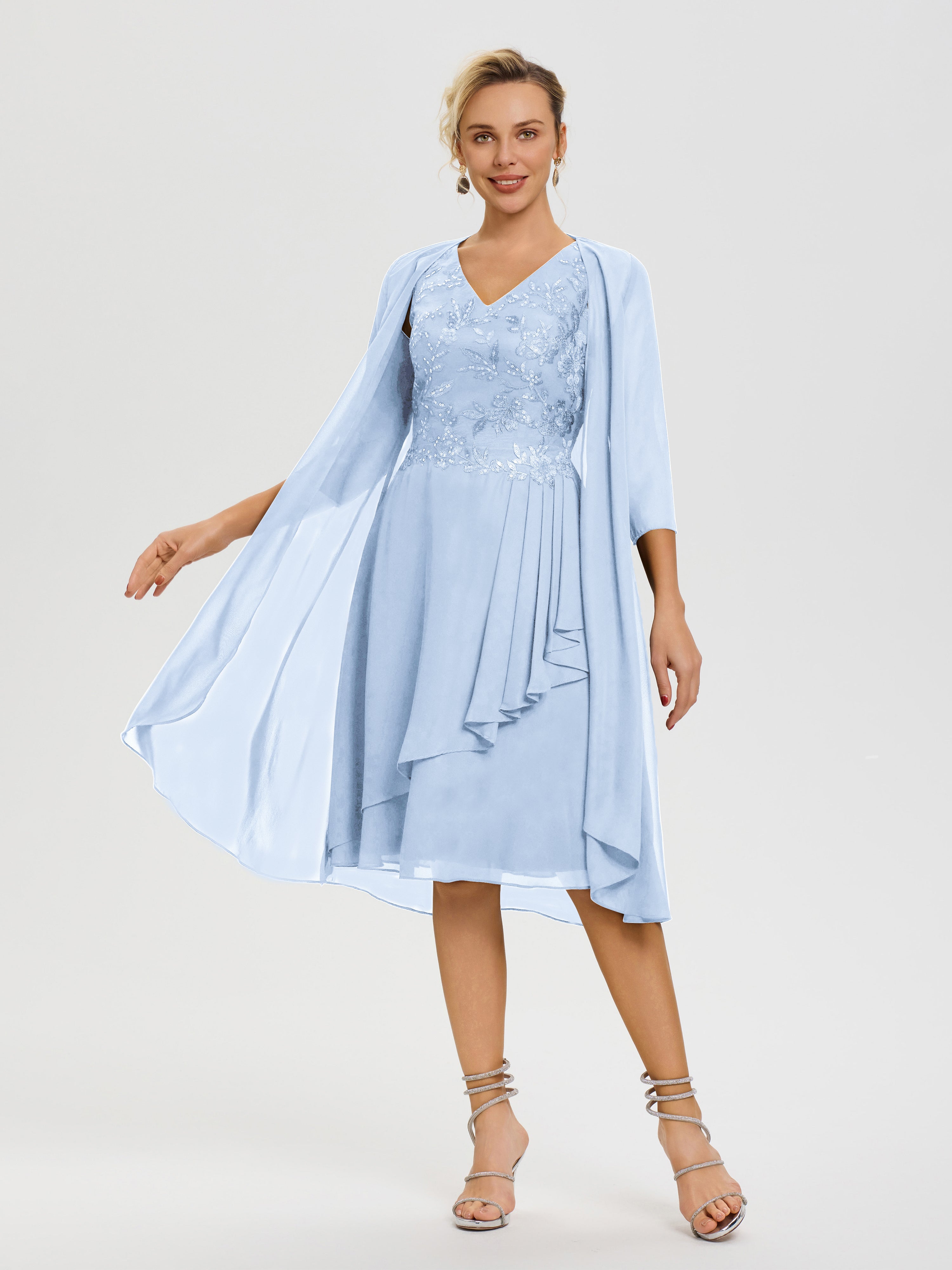 Sky Blue Mother Of The Bride Dresses 2 Pieces A Line V Neck Appliqued Knee Length Mother Of The Bride Dresses With Jacket Sky Blue Mother Of The Bride Dresses 2 Pieces A Line V Neck Appliqued Knee Length Mother Of The Bride Dresses With Jacket