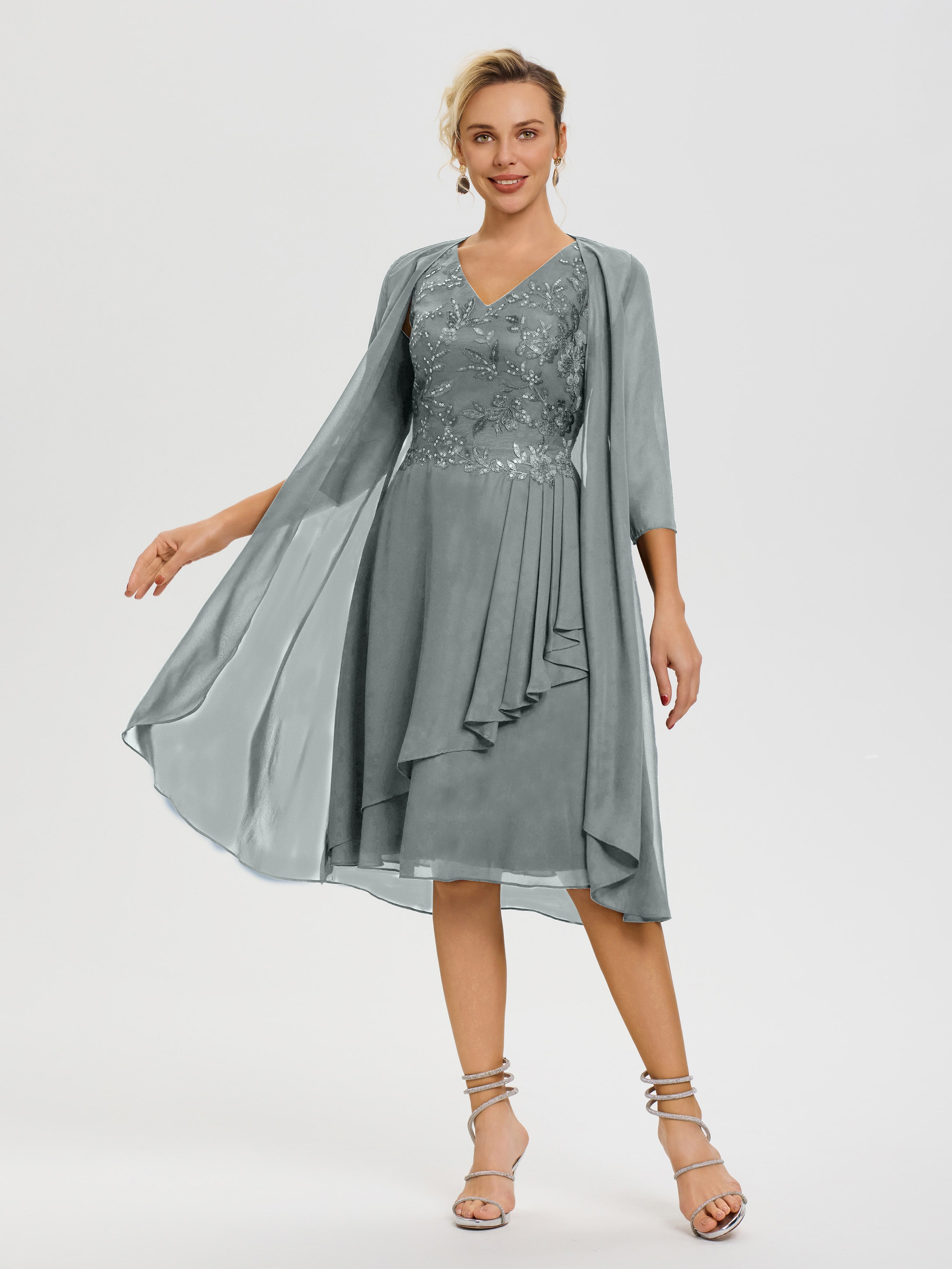 Suit Steel Gray Formal Dress Steel Grey Mother Of The Bride Dresses Pieces A Line V Neck Appliqued Knee Length Mother Of The Bride Dresses With Jacket Suit Steel Gray Formal Dress Steel Grey Mother Of The Bride Dresses Pieces A Line V Neck Appliqued Knee Length Mother Of The Bride Dresses With Jacket