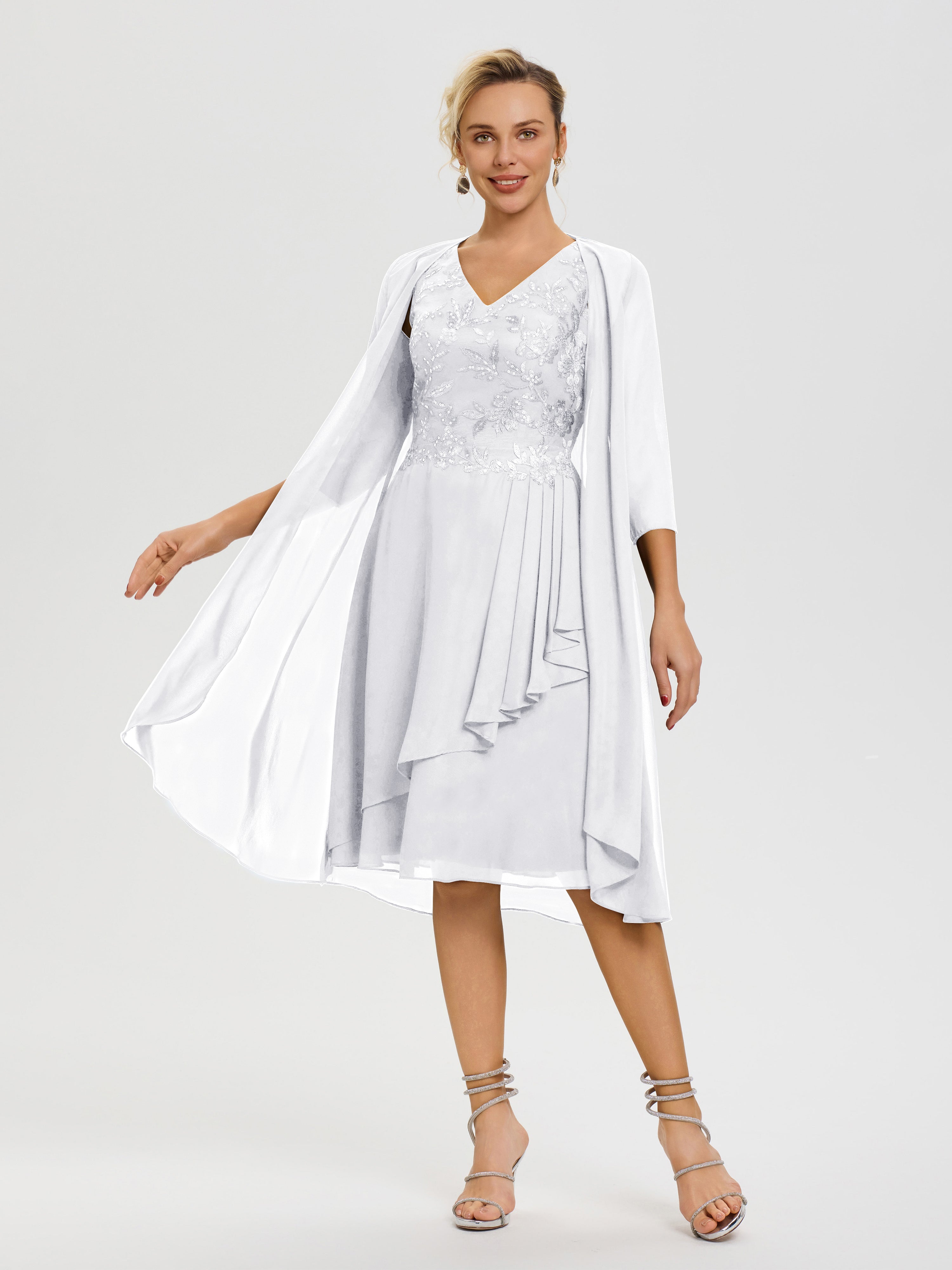 Black And White Mother Of The Bride Dress 2 Pieces A Line V Neck Appliqued Knee Length Mother Of The Bride Dresses With Jacket Black And White Mother Of The Bride Dress 2 Pieces A Line V Neck Appliqued Knee Length Mother Of The Bride Dresses With Jacket