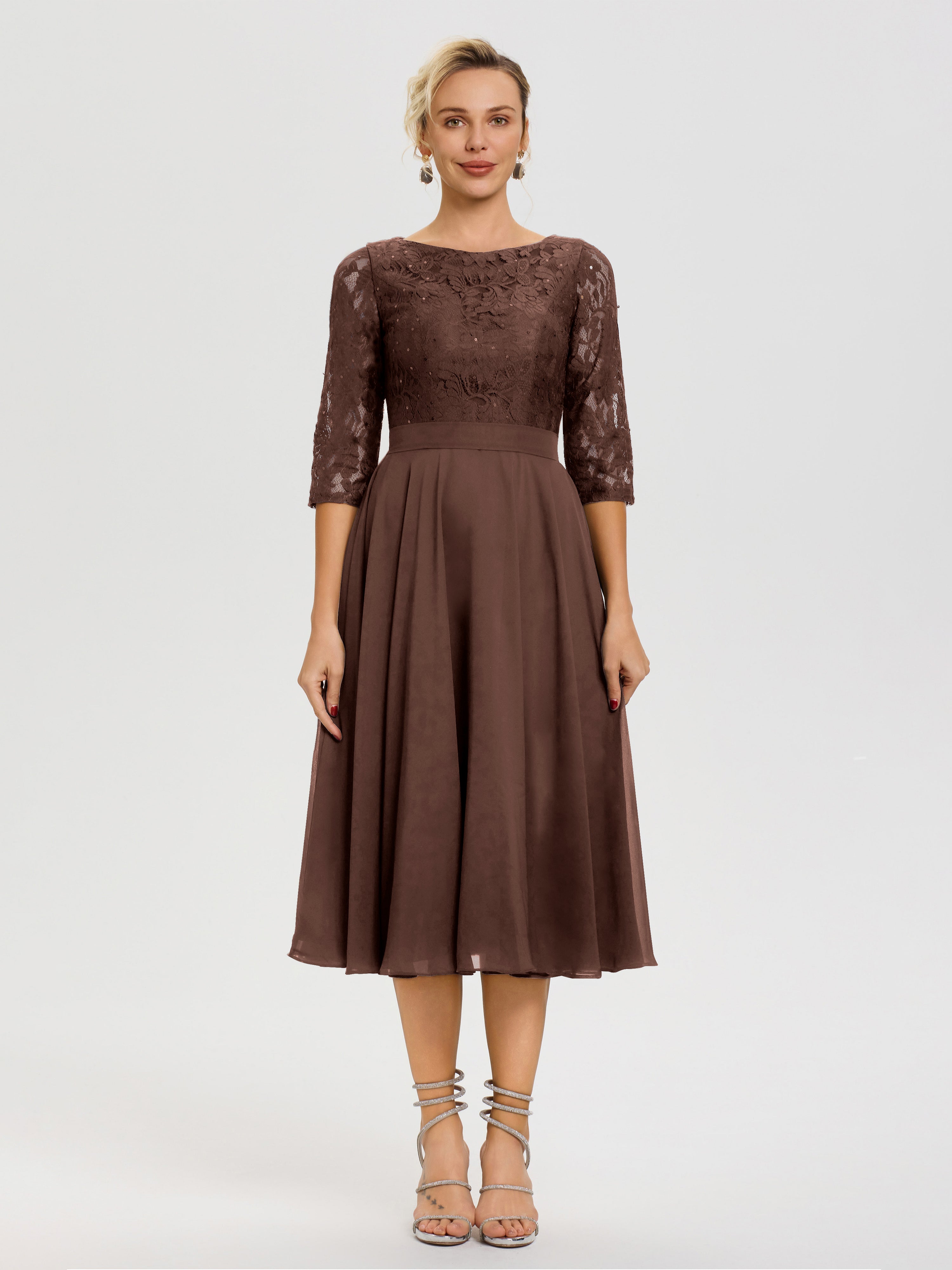 Chocolate Brown Mother Of The Bride Dresses A Line Lace Top Tea Length Chiffon Mother Of The Bride Dresses Chocolate Brown Mother Of The Bride Dresses A Line Lace Top Tea Length Chiffon Mother Of The Bride Dresses
