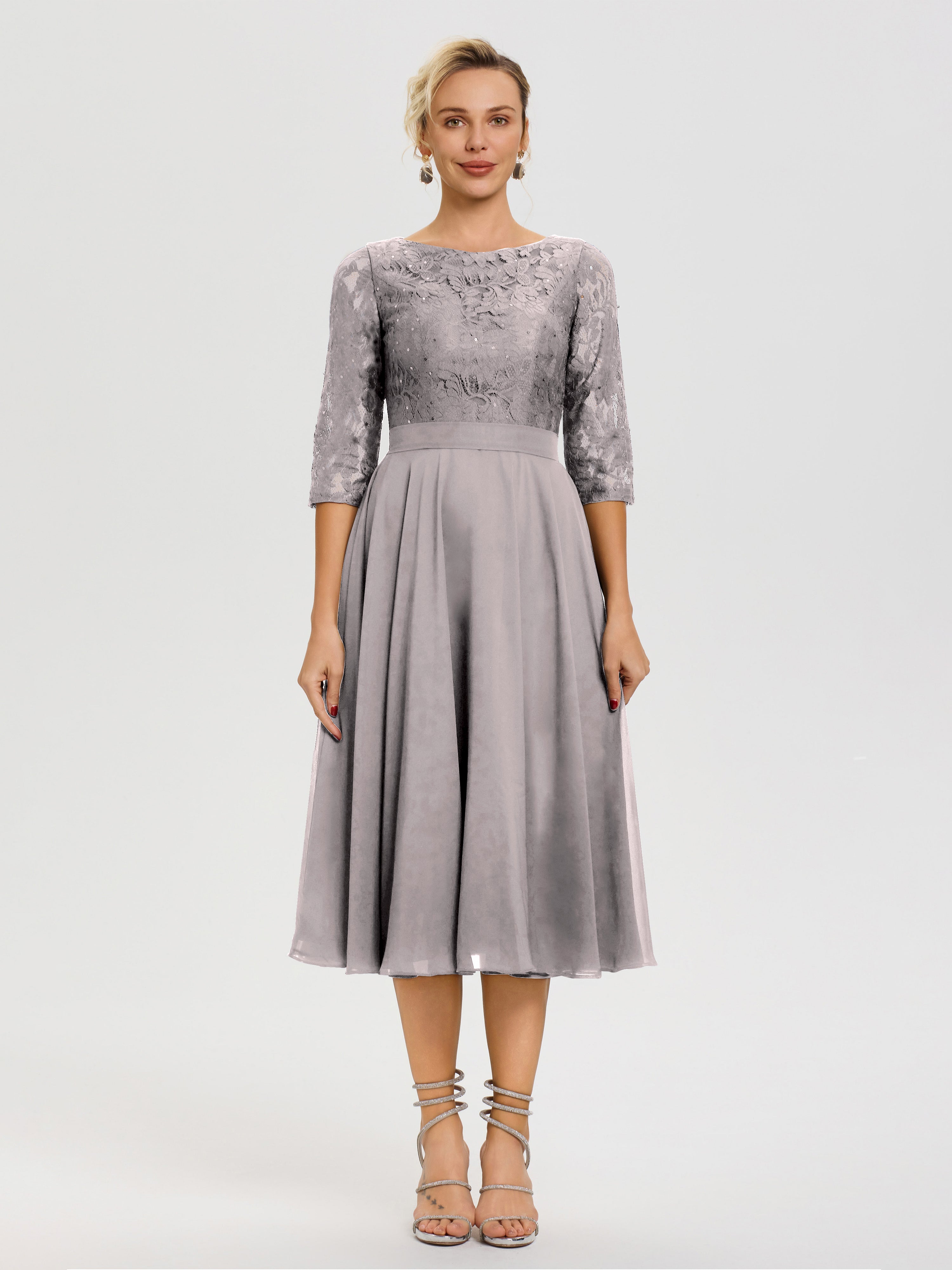 Silver Mother Of The Bride Dresses A Line Lace Top Tea Length Chiffon Mother Of The Bride Dresses Silver Mother Of The Bride Dresses A Line Lace Top Tea Length Chiffon Mother Of The Bride Dresses