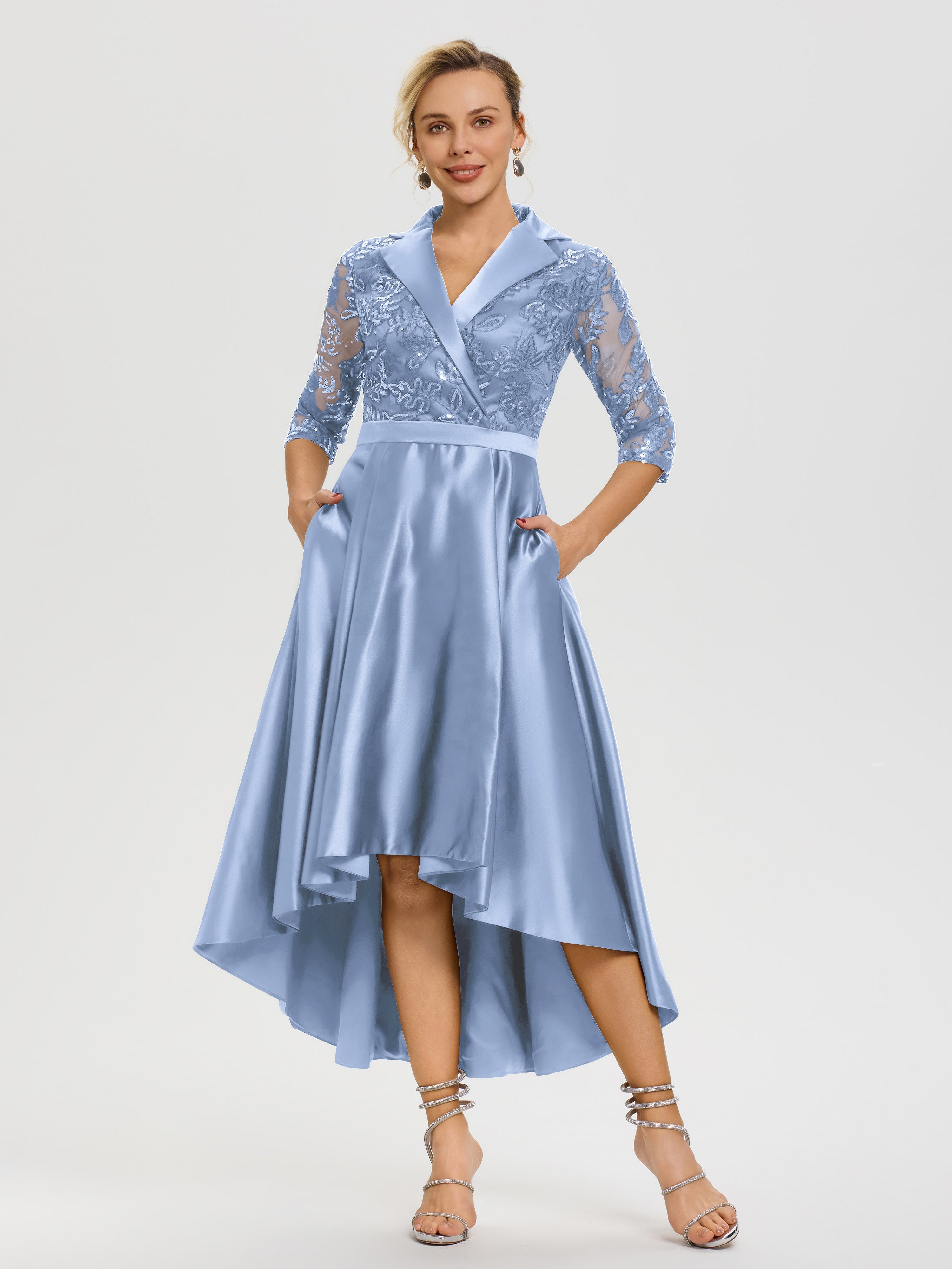 Blue Mother Of The Bride Dress Sparkly Sequins Bodice V-Neck Illusion