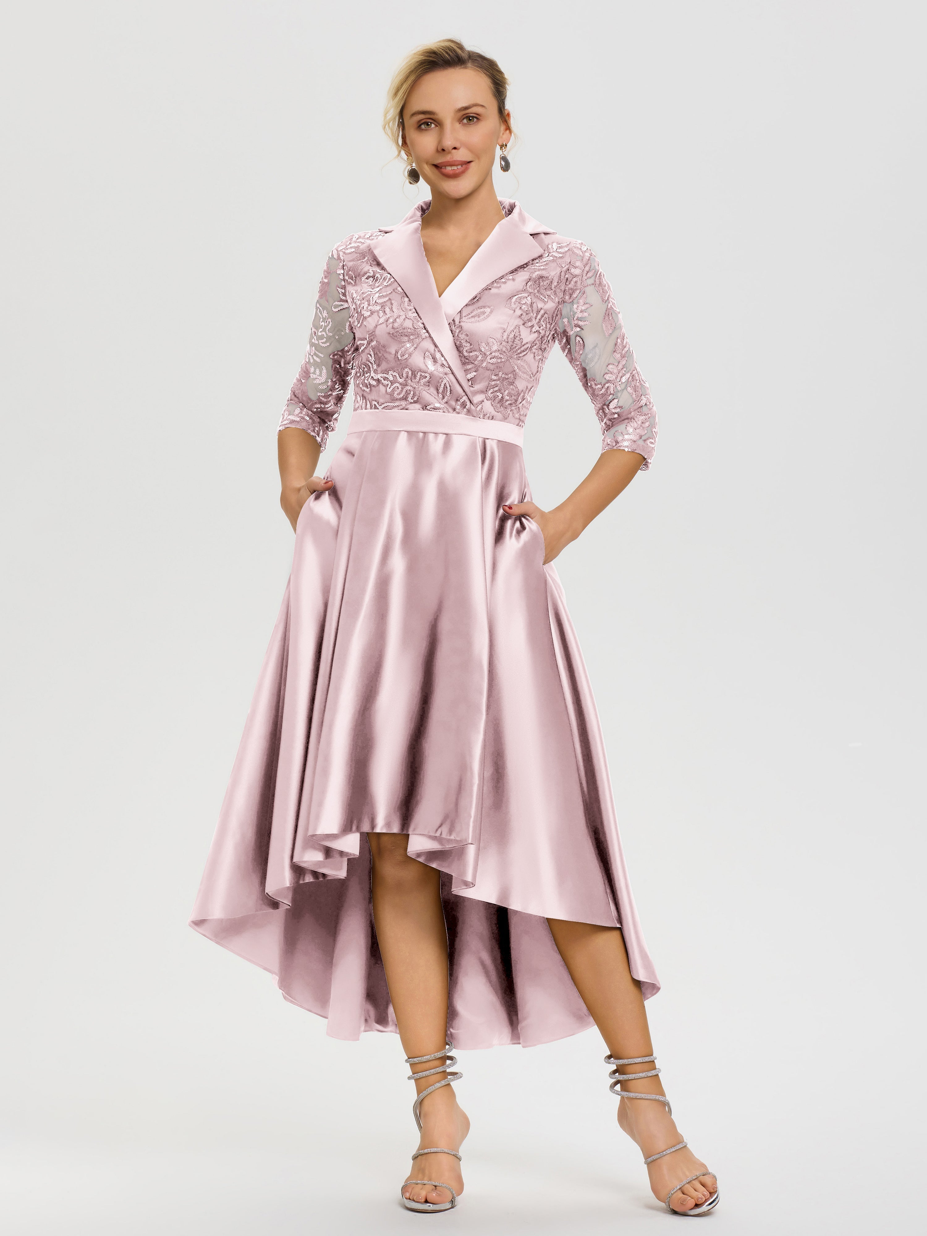 Mother Of The Bride Dresses In Blush Pink Sparkly Sequins Bodice V-Neck Illusion Sleeves High-Low Mother Of The Bride Dresses Mother Of The Bride Dresses In Blush Pink Sparkly Sequins Bodice V-Neck Illusion Sleeves High-Low Mother Of The Bride Dresses