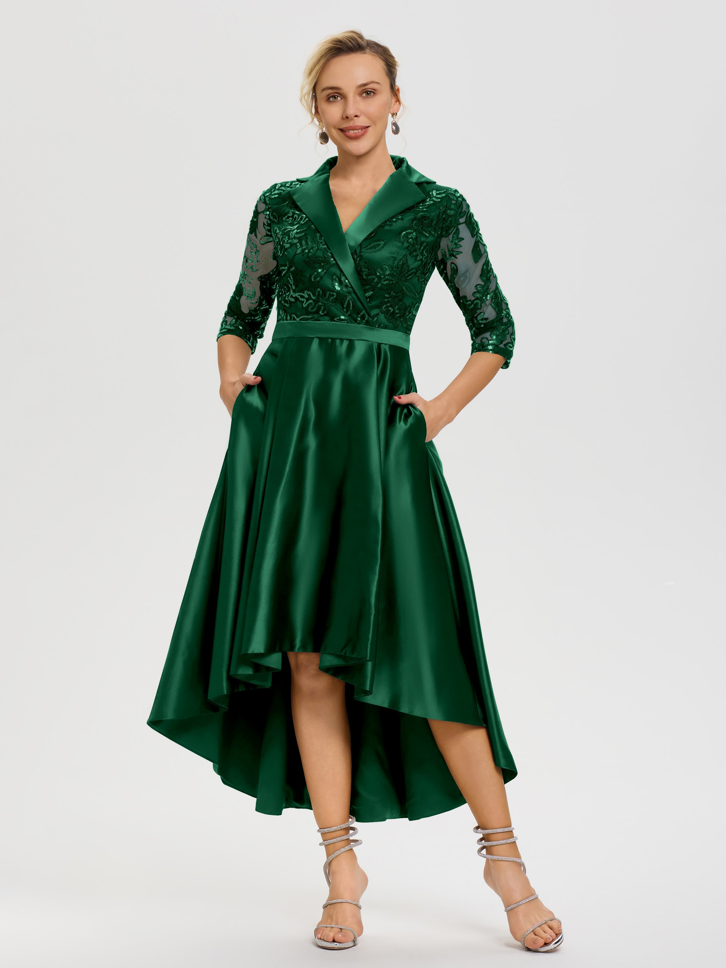 Mother Of The Bride Dark Green Dresses Sparkly Sequins Bodice V-Neck Illusion Sleeves High-Low Mother Of The Bride Dresses Mother Of The Bride Dark Green Dresses Sparkly Sequins Bodice V-Neck Illusion Sleeves High-Low Mother Of The Bride Dresses