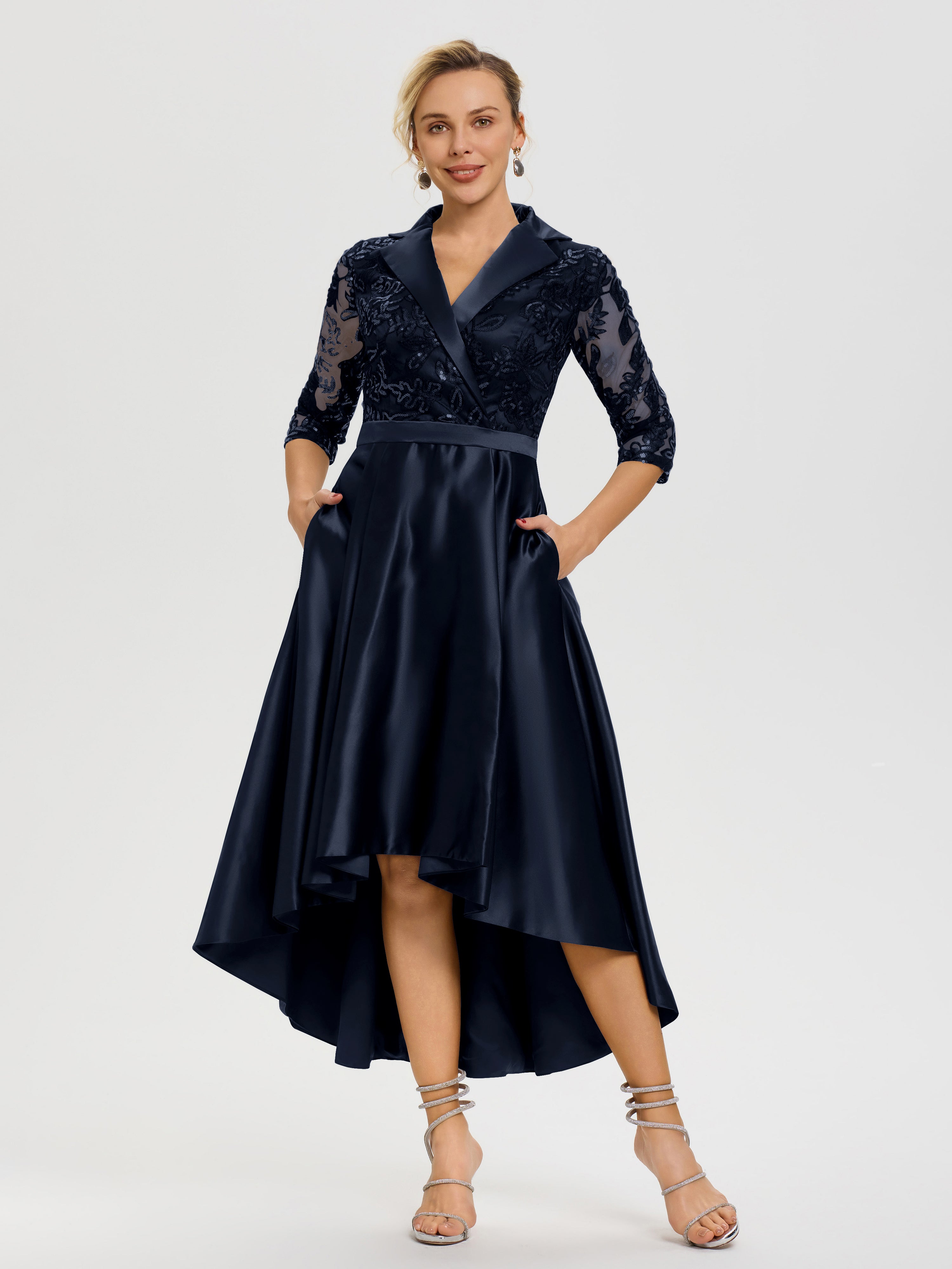 Dark Navy Mother Of The Bride Dresses Sparkly Sequins Bodice V-Neck Illusion Sleeves High-Low Mother Of The Bride Dresses Dark Navy Mother Of The Bride Dresses Sparkly Sequins Bodice V-Neck Illusion Sleeves High-Low Mother Of The Bride Dresses