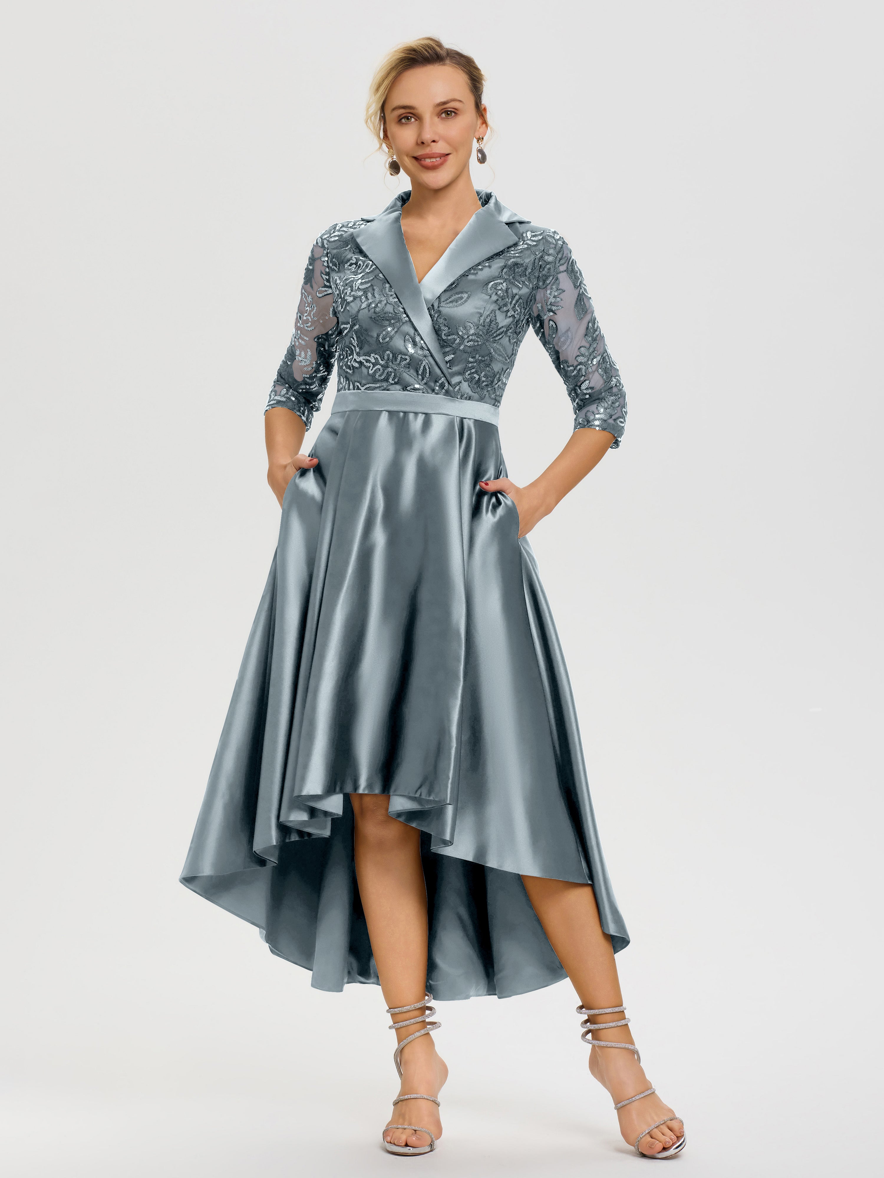 Mother Of The Bride Dress Dusty Blue Sparkly Sequins Bodice V-Neck Illusion Sleeves High-Low Mother Of The Bride Dresses Mother Of The Bride Dress Dusty Blue Sparkly Sequins Bodice V-Neck Illusion Sleeves High-Low Mother Of The Bride Dresses