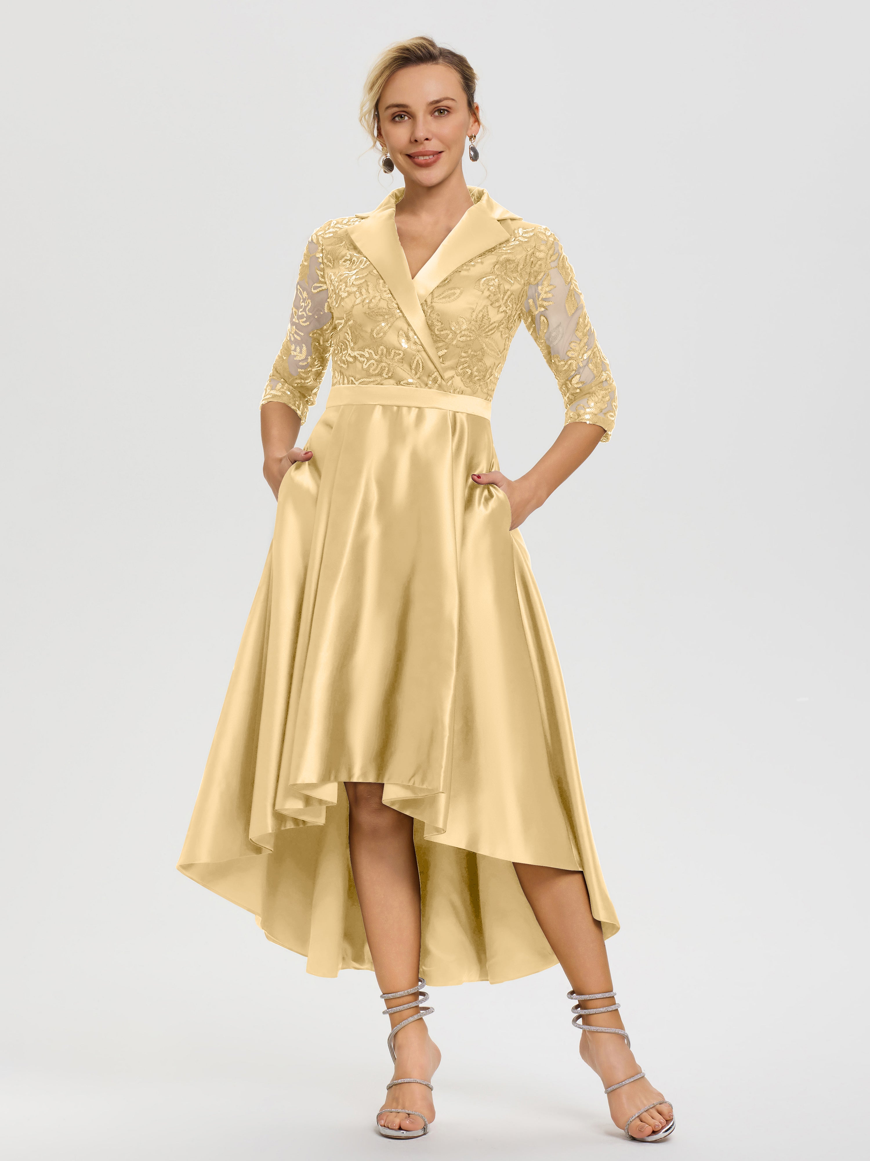 Mother Of The Bride Dresses Gold Color Sparkly Sequins Bodice V-Neck I